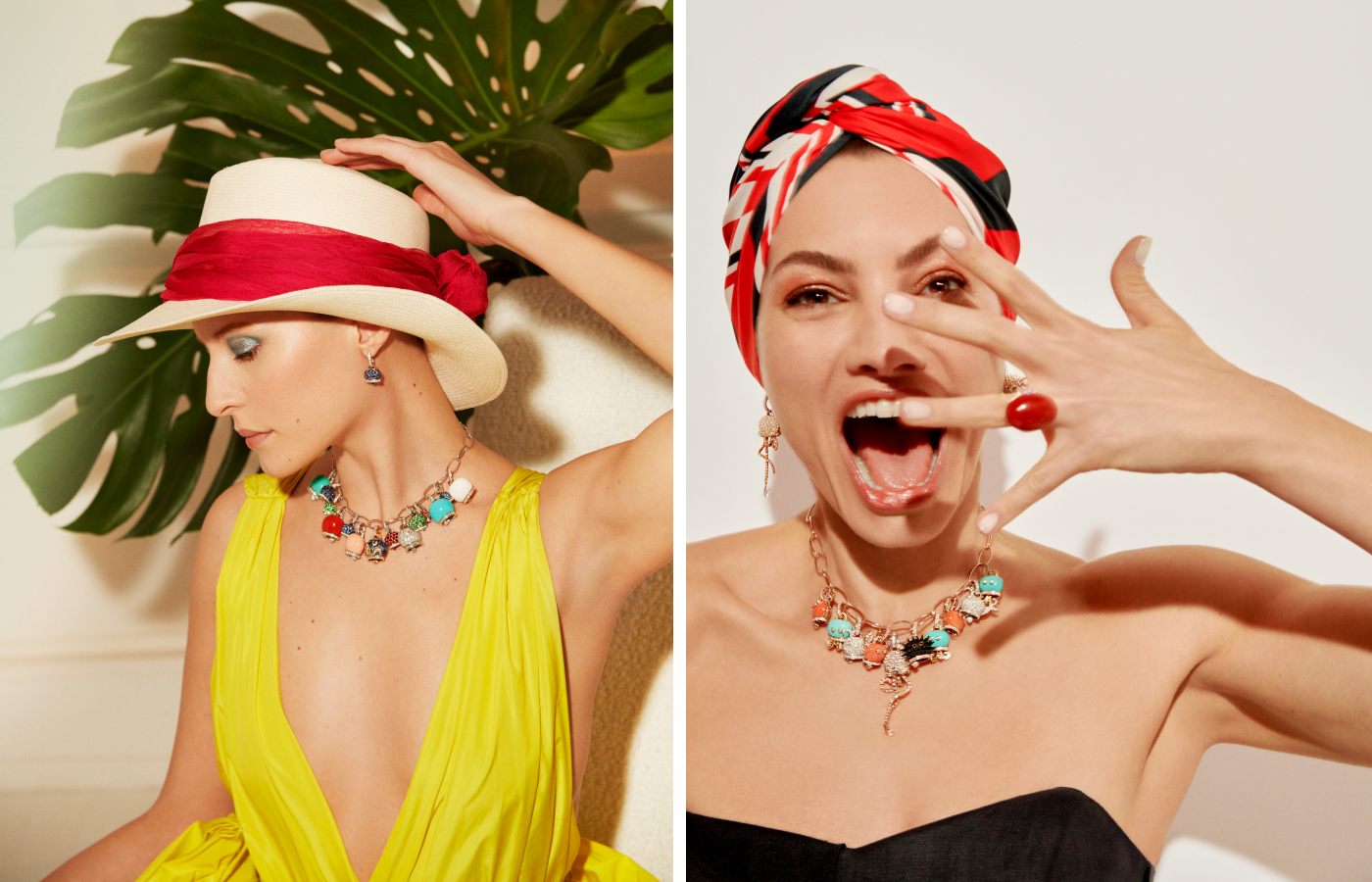 Models wearing a selection of Chantecler Campanelle charms in gold, enamel, hard stones and precious stones