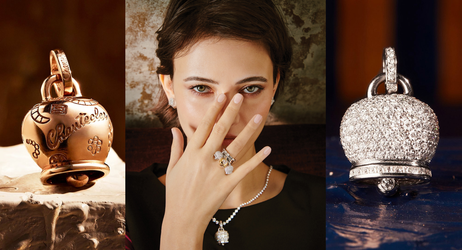 Model wearing a selection of Chantecler Campanelle pieces alongside Campanelle charms in gold, white gold and diamond