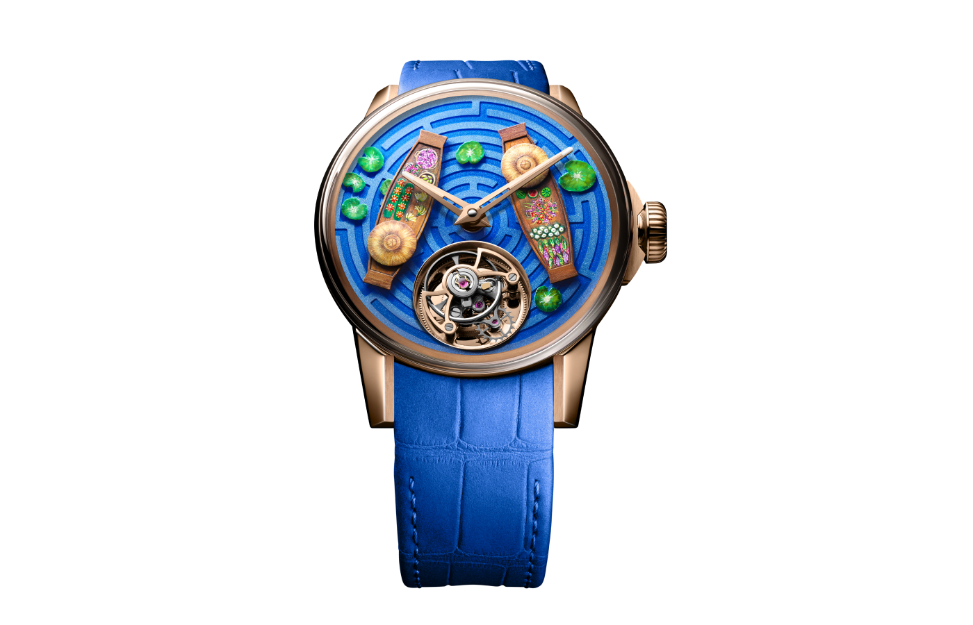 Louis Moinet Around the World Bangkok watch dial displaying a bird’s eye view labyrinth design of Bangkok’s floating market, with colourful, handmade boats, hats, and water lilies