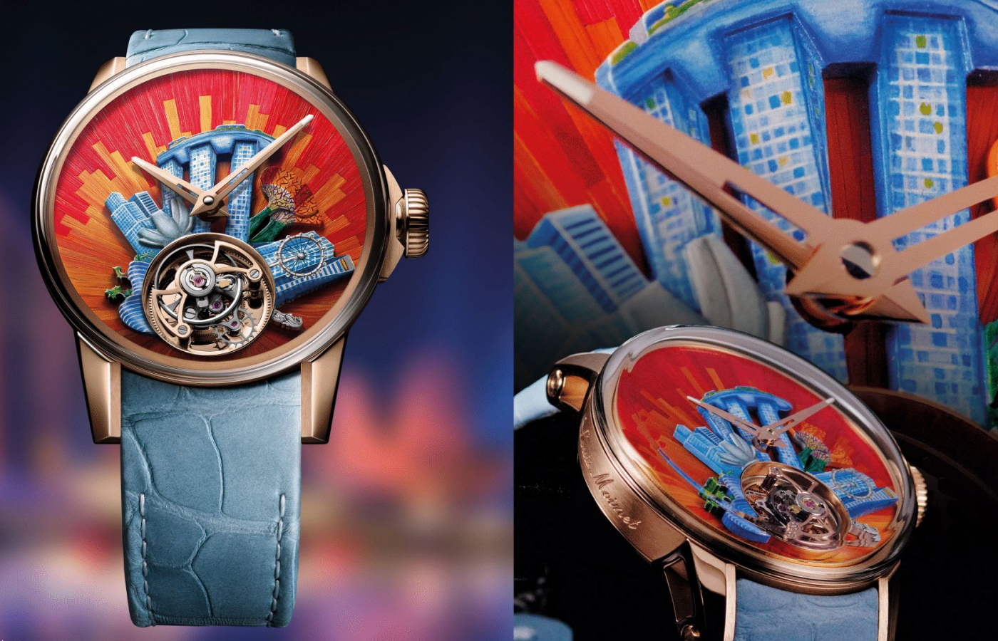 Louis Moinet Around the World Singapore watch dial featuring straw marquetry of Singapore’s iconic buildings 