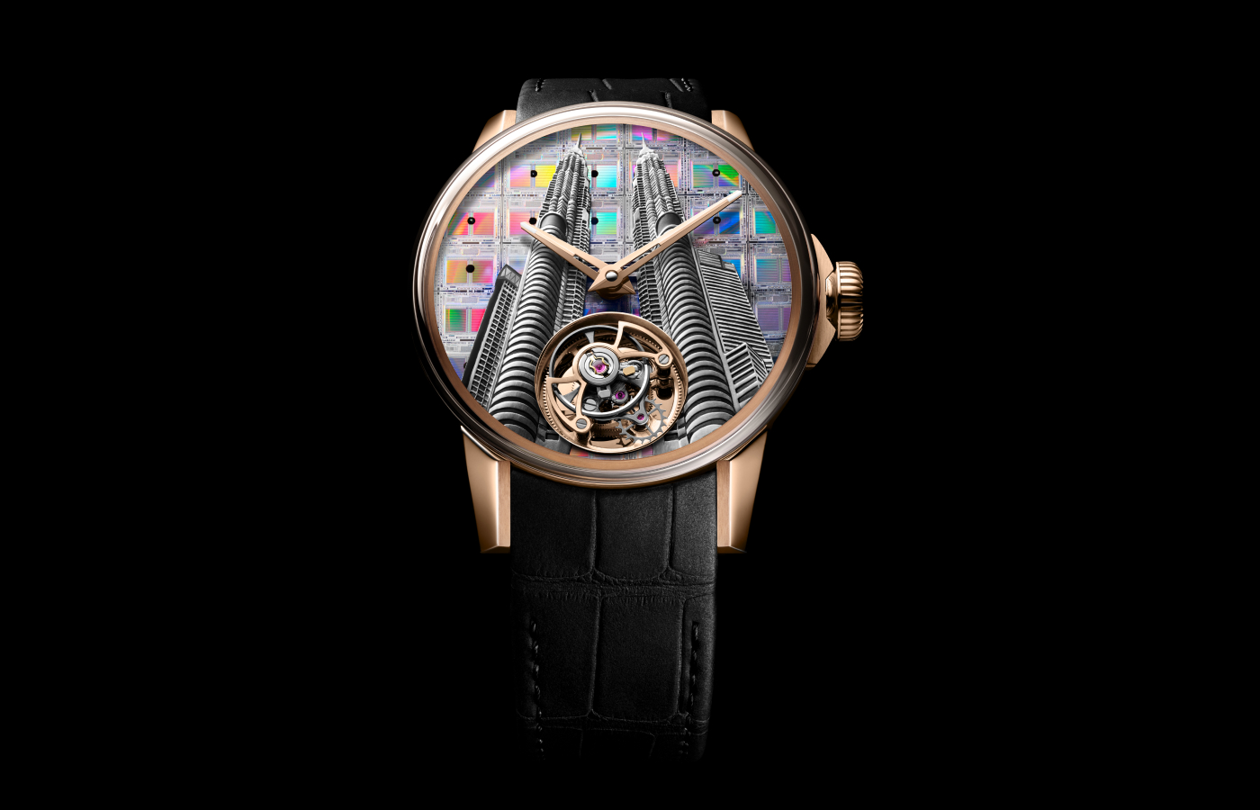 Louis Moinet Around the World Kuala Lumpur watch dial featuring the Petronas Towers crafted from silver on a silicon base engraved with microelectronic circuits