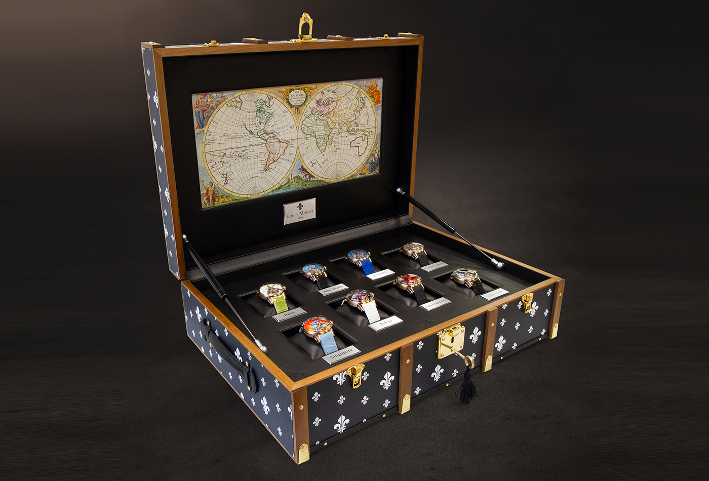 Trunk displaysing the 8 Louis Moinet Around the World in 8 Days timepieces