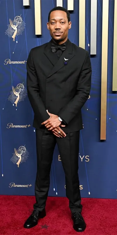 <p>Actor Tyler James Williams at the 2025 Emmy Awards wearing a Jean Schlumberger by Tiffany &amp; Co. Bird on a Rock brooch in 18k yellow gold and platinum with a tanzanite of over 52 carats, a pink sapphire and diamonds</p>
