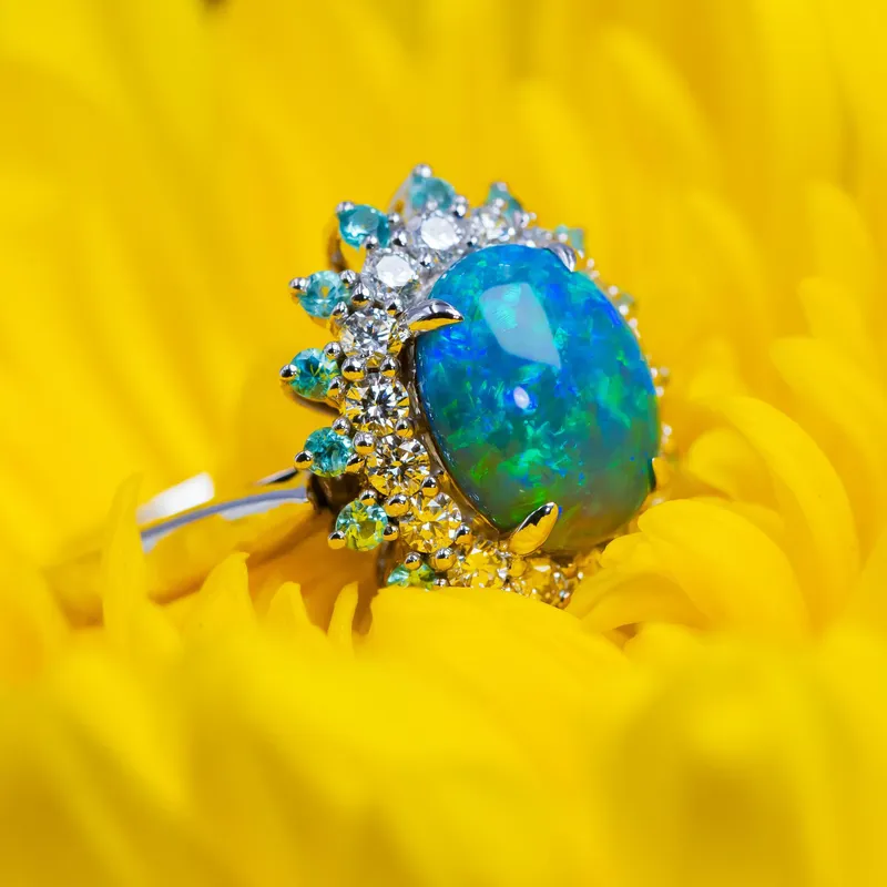 <p>Sunflower opal ring pendant with black opal, diamonds and tourmaline Paraiba</p>

