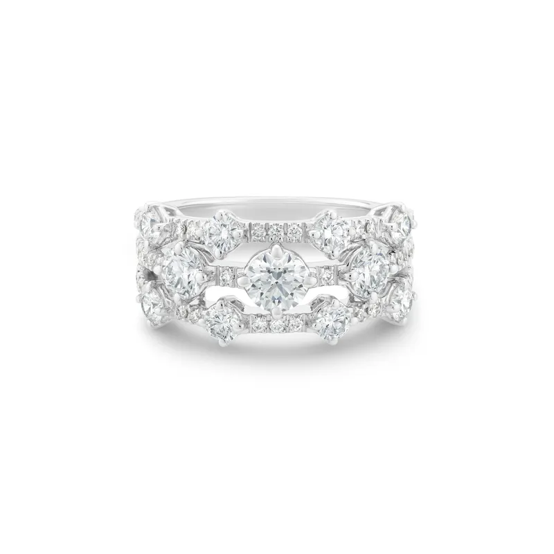 <p>The De Beers Arpeggia Three Row diamond ring with 1.65 carats of diamonds in 18k white gold worn by actress Michelle Monaghan to the 2025 Emmy Awards</p>
