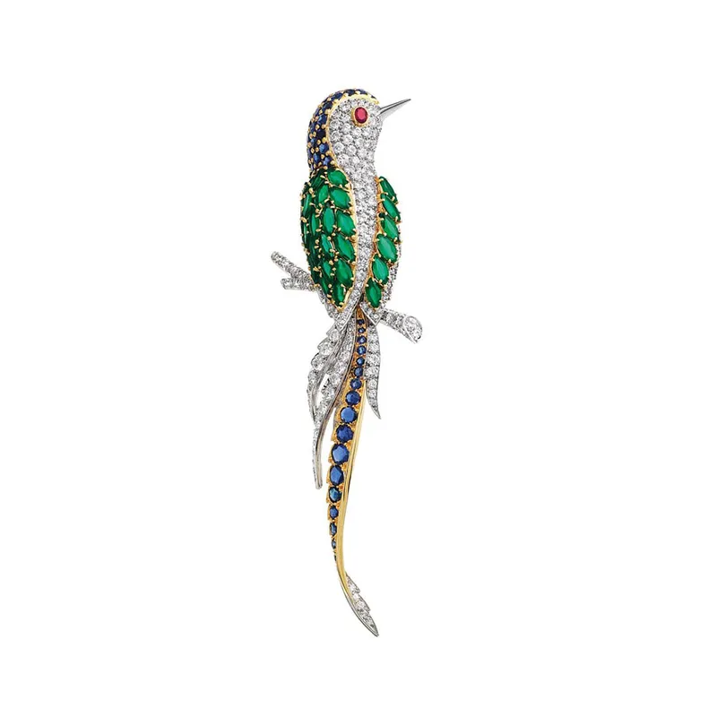 <p>Brooch with diamonds, emeralds, sapphires and ruby in yellow gold and platinum from 1963</p>