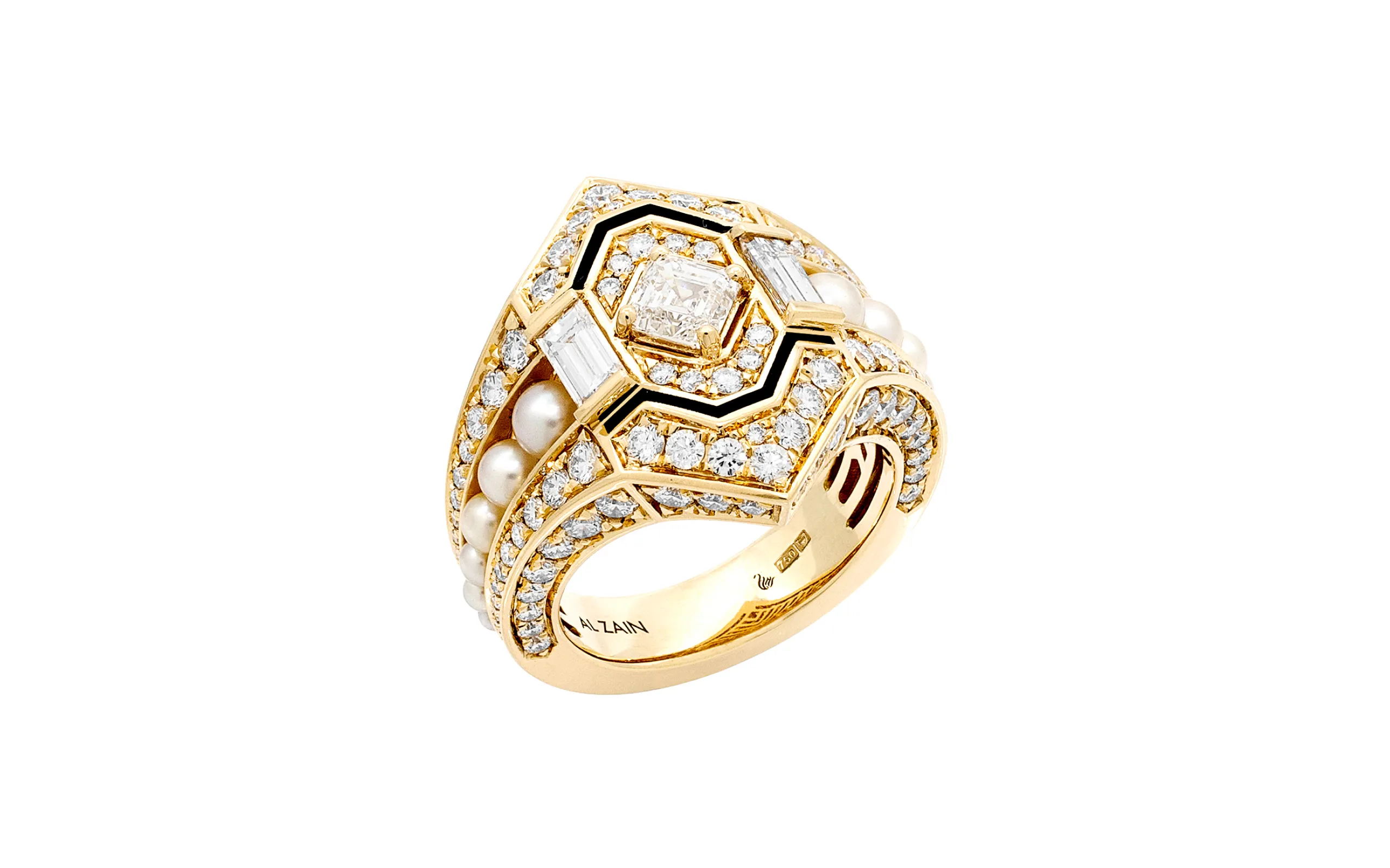 <p>Al Zain ring from the Arab Deco collection with round brilliant-cut diamonds, fancy-cut diamonds, pearls and black enamel in 18k yellow gold </p>