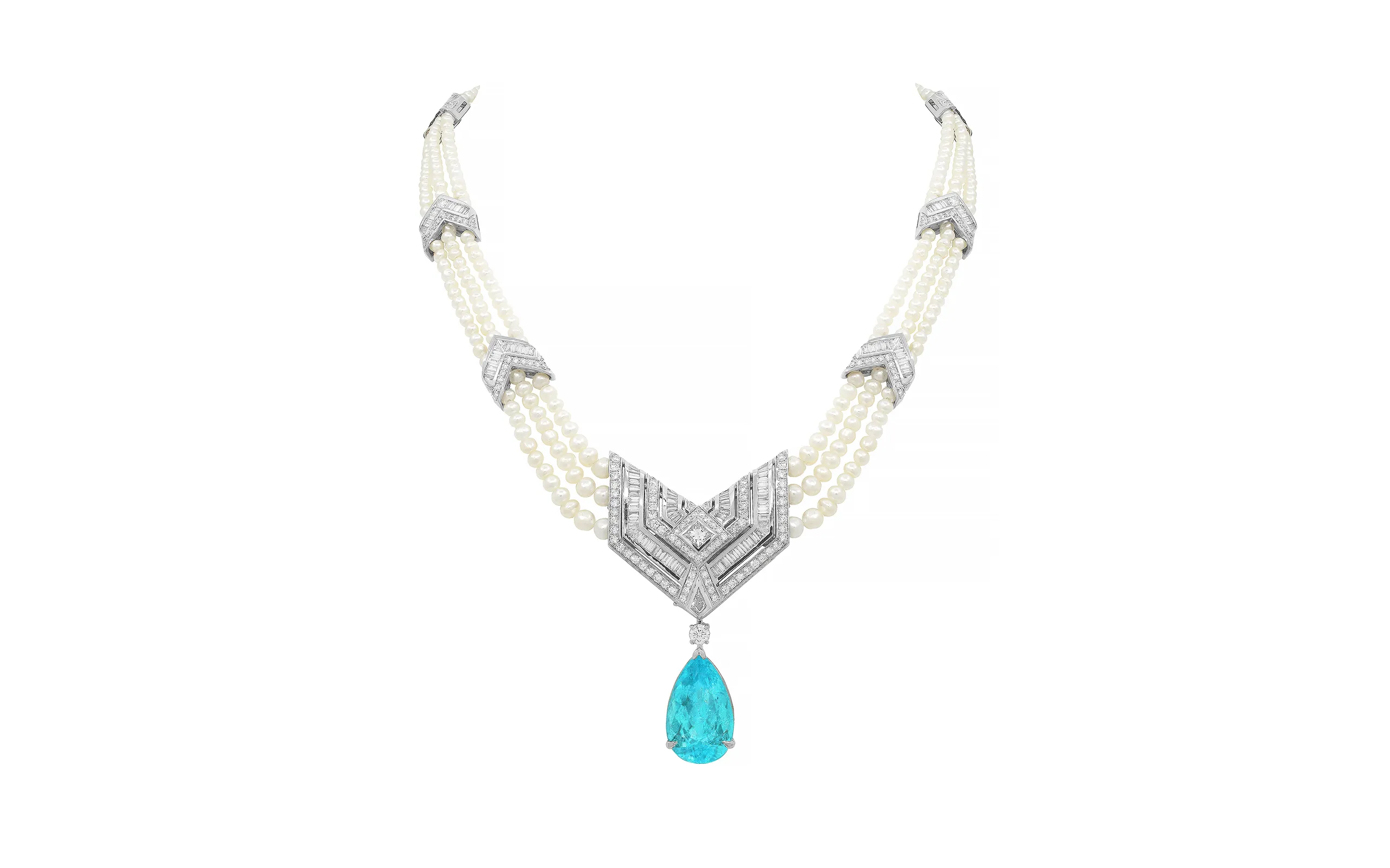<p>Al Zain Arab Deco necklace with a detachable 19.27 carat Mozambique Paraiba tourmaline, paired with baroque natural pearl strands and diamonds in 18k white gold</p>