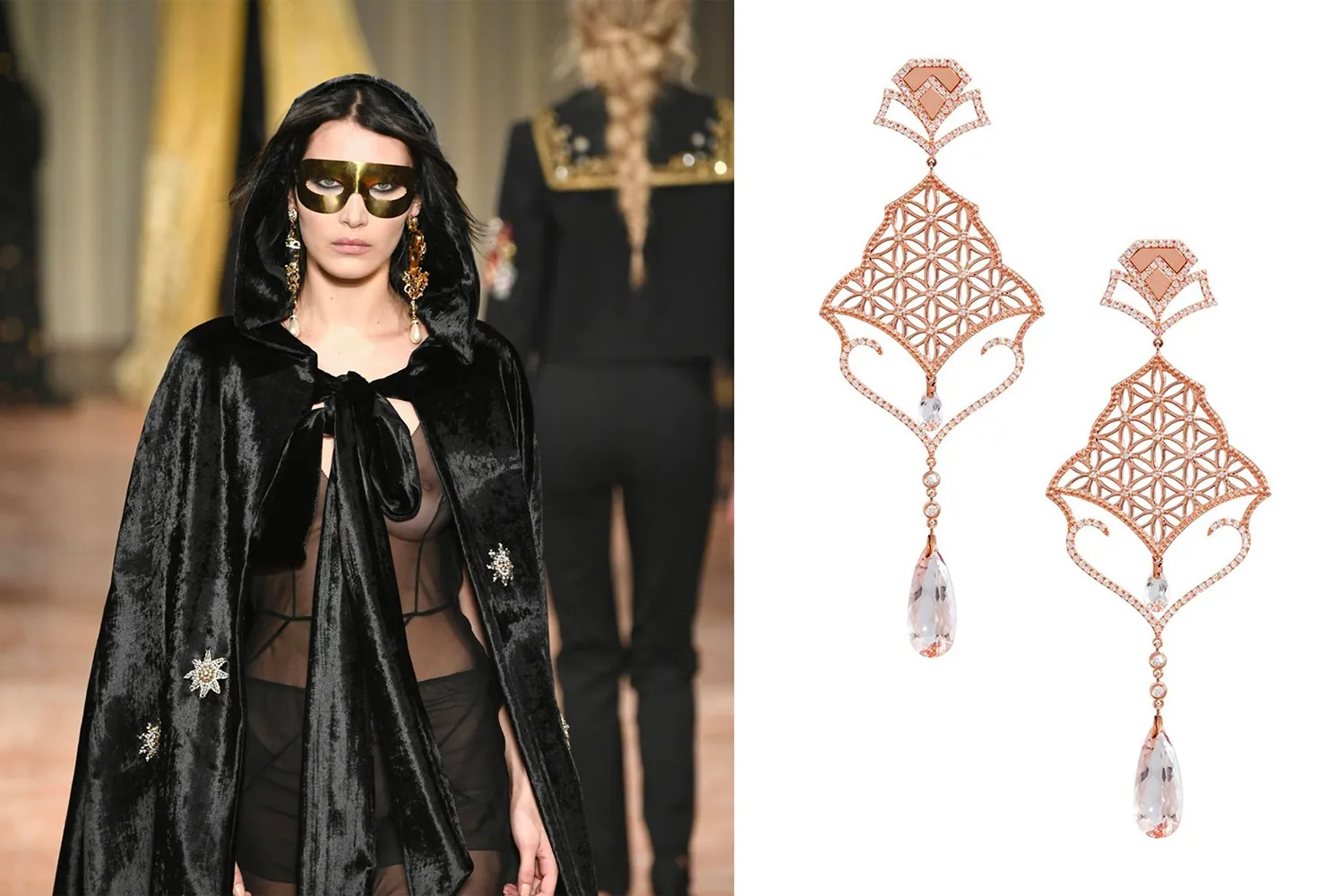 <p>Alberta Ferretti Fall/Winter 2018 and Dionea Orcini earrings in rose gold</p>