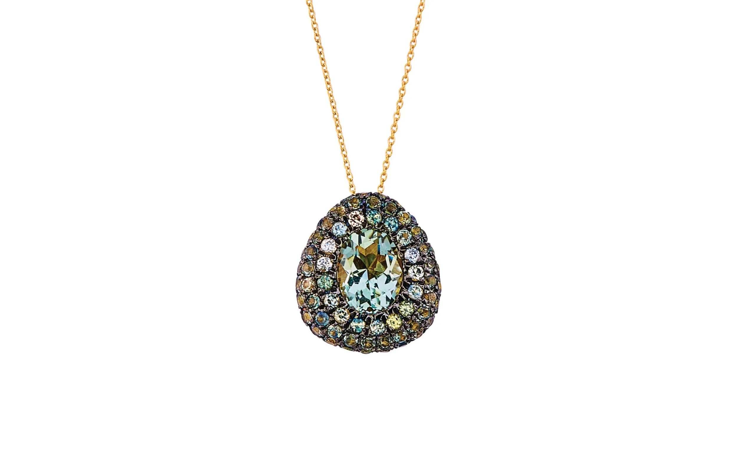 <p>Aponine Pebble necklace with a 1.30-carat green tourmaline centre stone and 2.03 carats of green sapphires, set in 18k gold</p>
