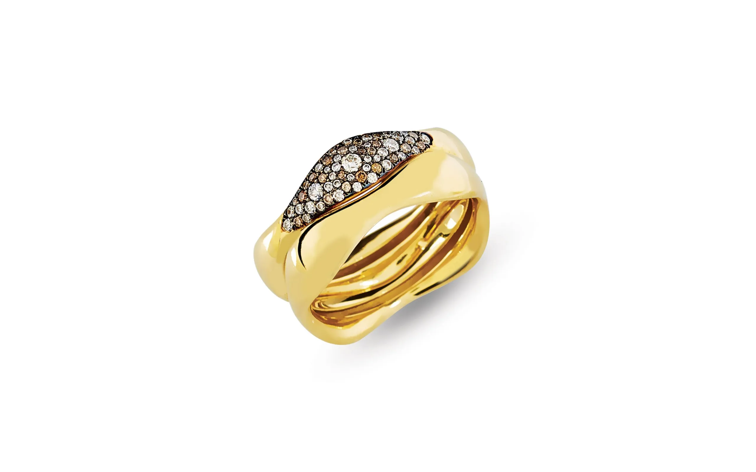 <p>Aponine Wave ring with white and champagne coloured diamonds set in 18k gold</p>
