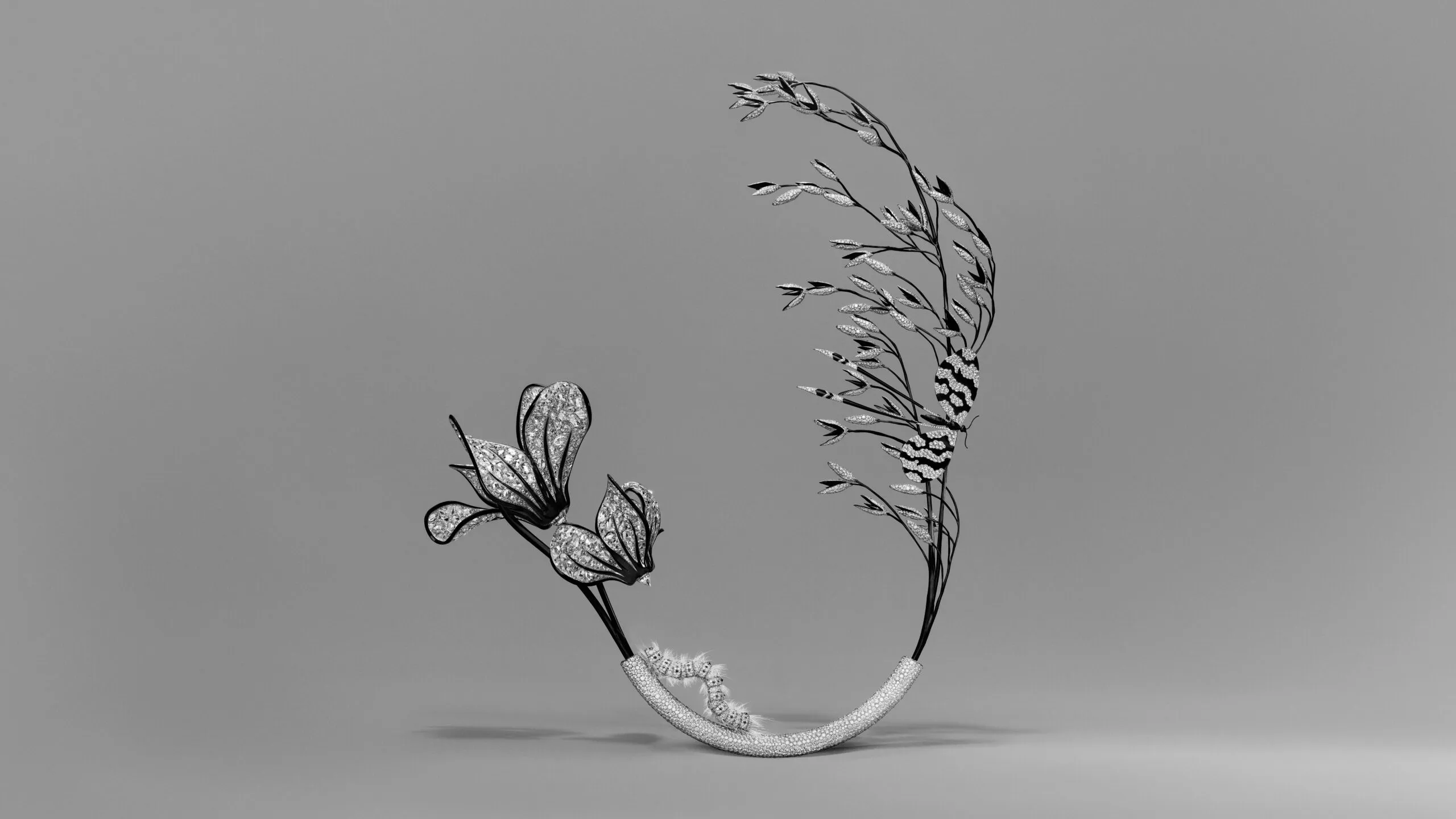 <p>Composition No.4 of the Boucheron Impermanence High Jewellery collection, incorporating the Cyclamen transformable brooch-bracelet, the Oat hair jewel, Caterpillar brooch and Butterfly hair jewel in a vase made of white gold set entirely in snow-set diamonds </p>