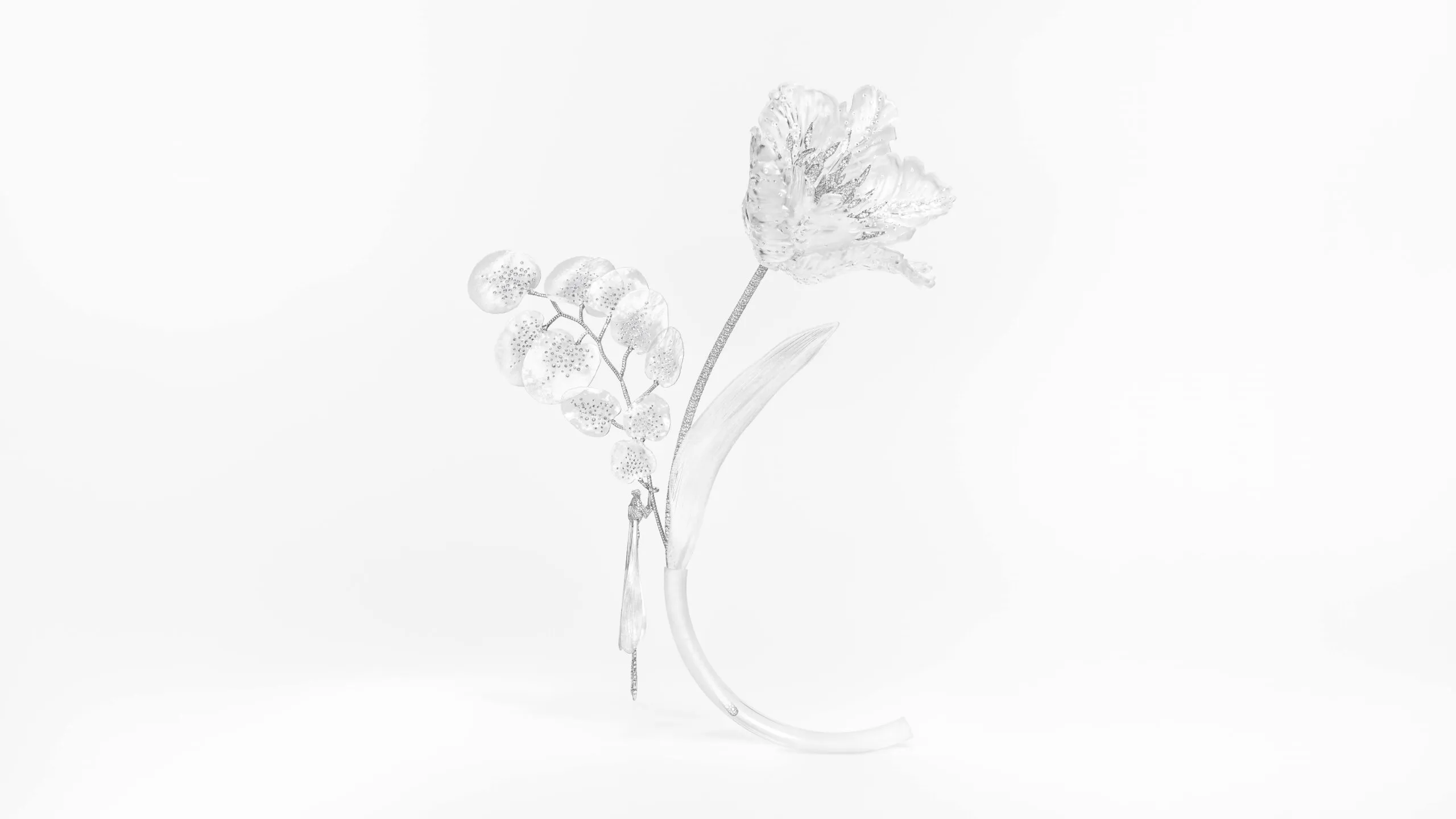<p>Composition No.6 of the Boucheron Impermanence High Jewellery collection, incorporating the Eucalyptus brooch, Tulip brooch and Dragonfly earring, housed in a borosilicate glass vase with a sandblasted effect</p>