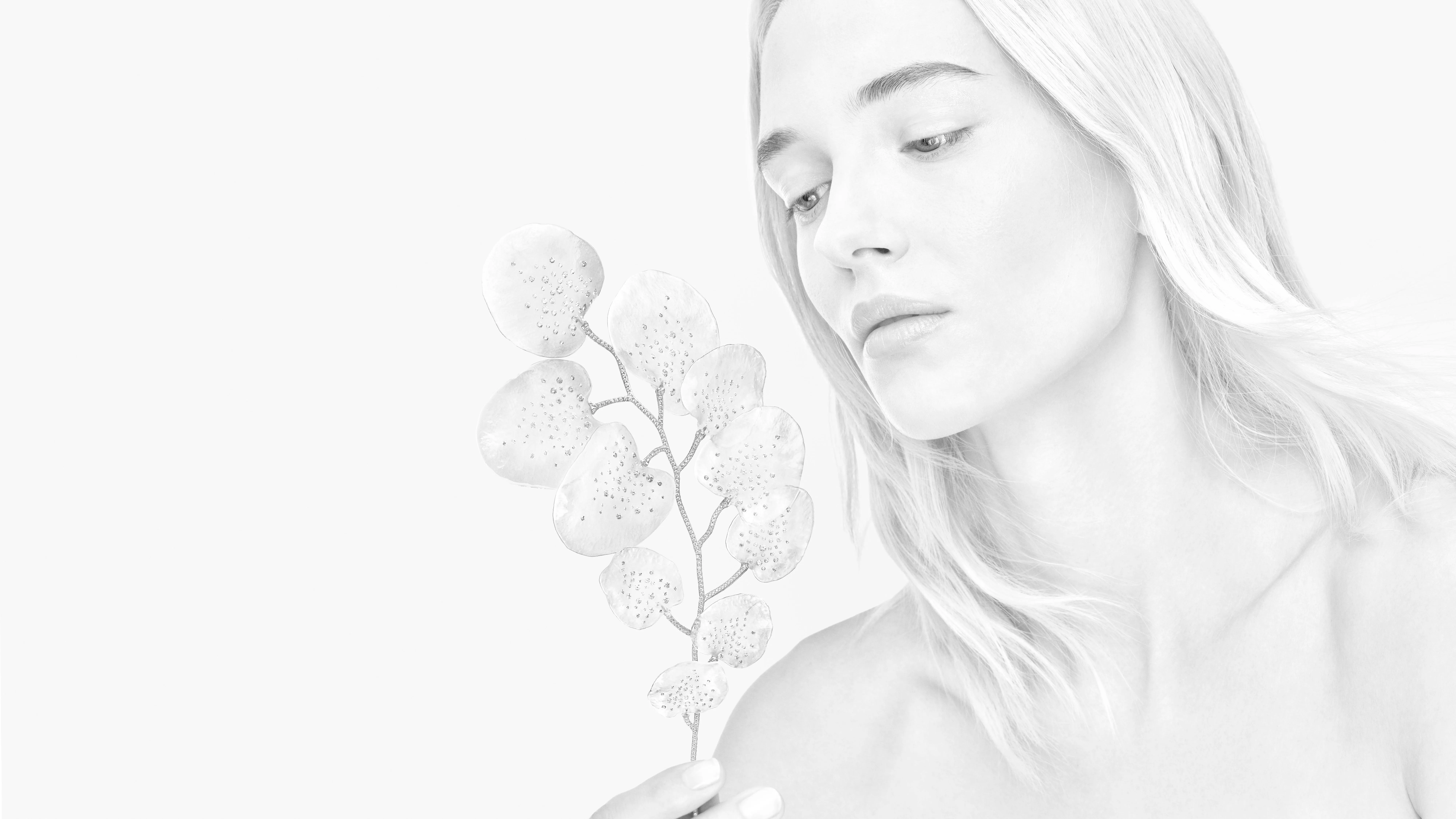 <p>Eucalyptus brooch from Composition No.6 of the Boucheron Impermanence High Jewellery collection, crafted in ultra-thin borosilicate glass and pavé diamonds</p>