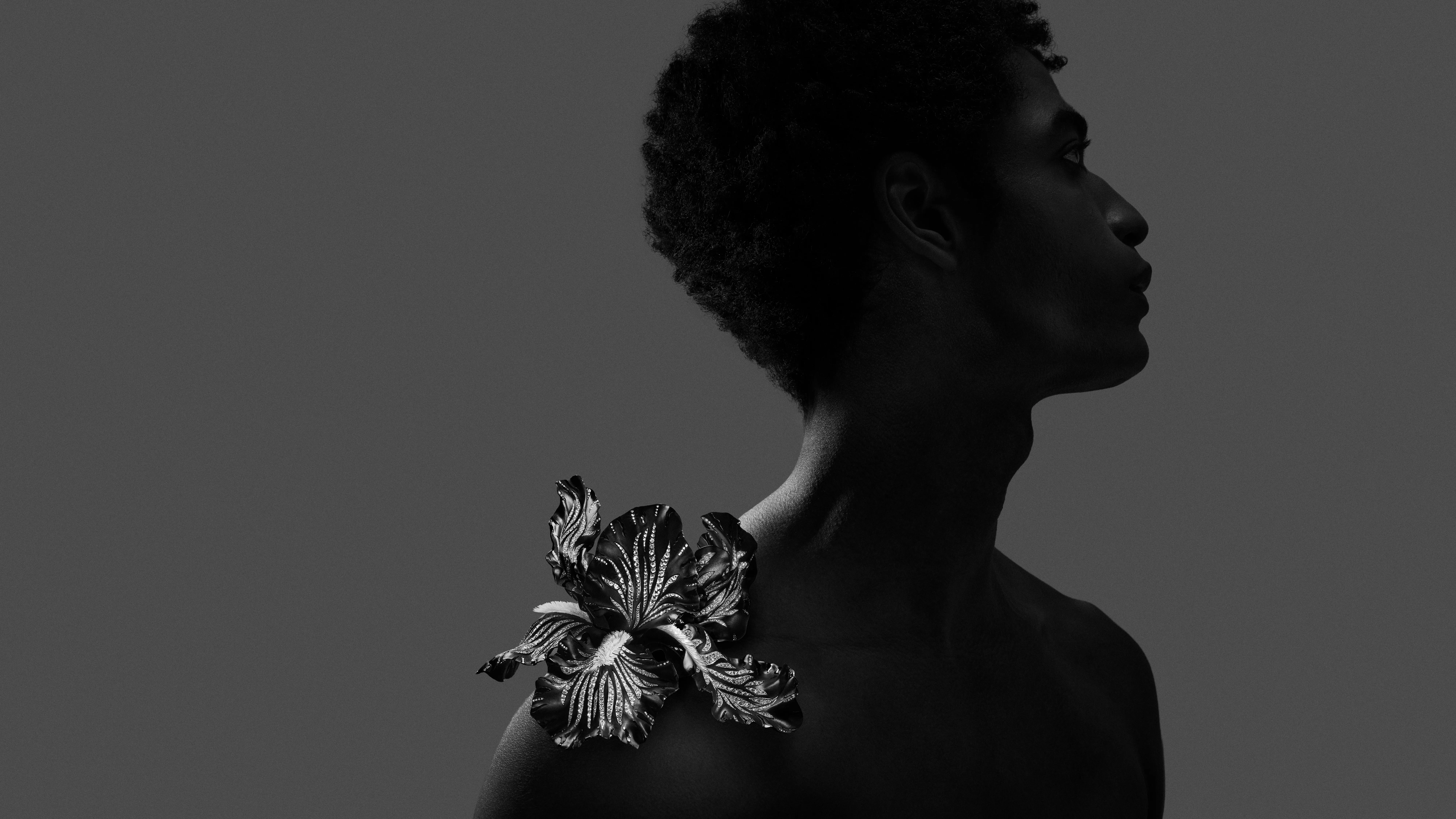 <p>Iris shoulder brooch from Composition No.3 of the Boucheron Impermanence High Jewellery collection, crafted in titanium, white gold, black DLC coating, 3D printed resin, rock crystal, and diamonds</p>