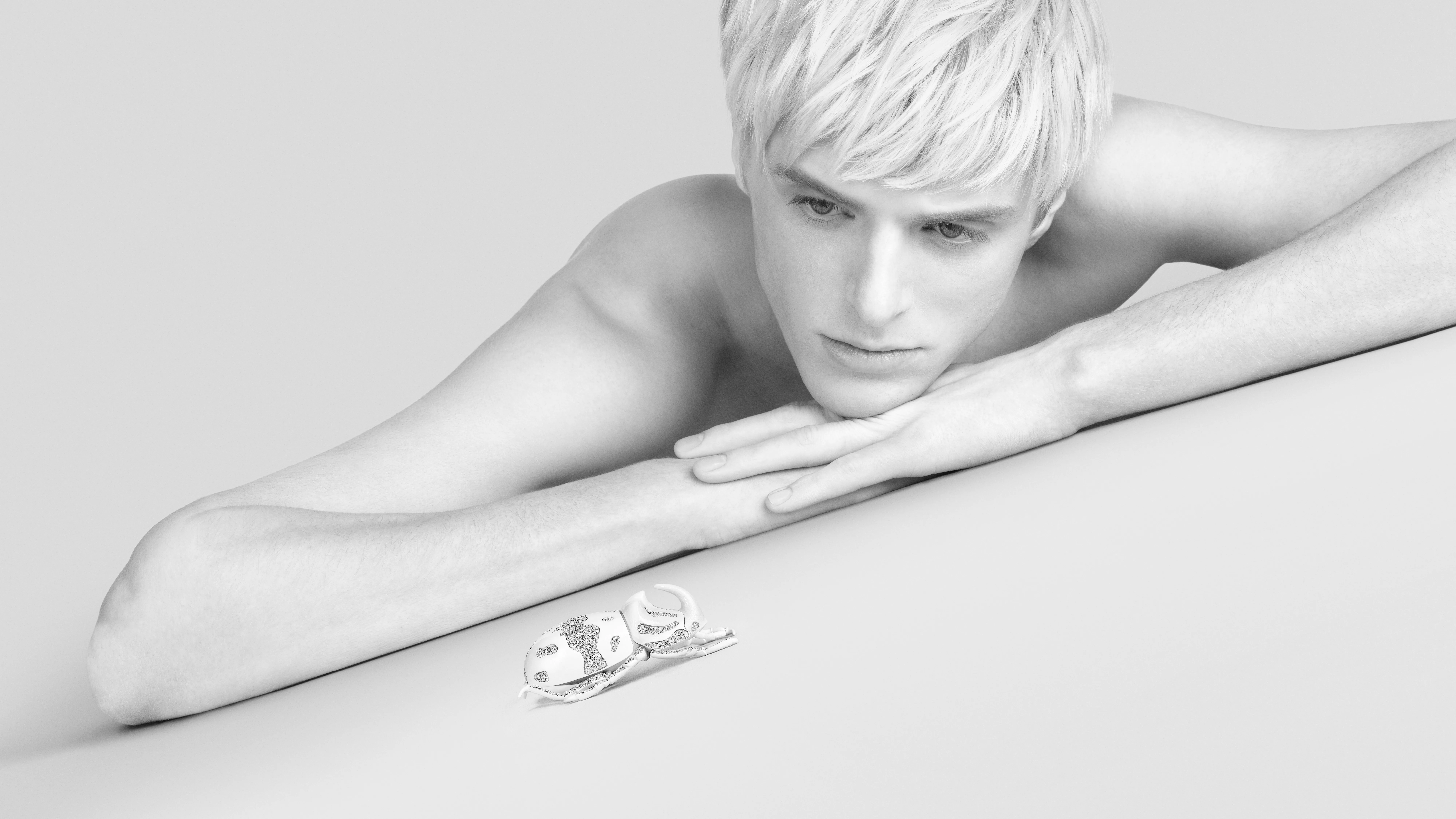 <p>Rhinoceros Beetle brooch from Composition No.5 of the Boucheron Impermanence High Jewellery collection, crafted in white gold, ceramic and diamonds </p>