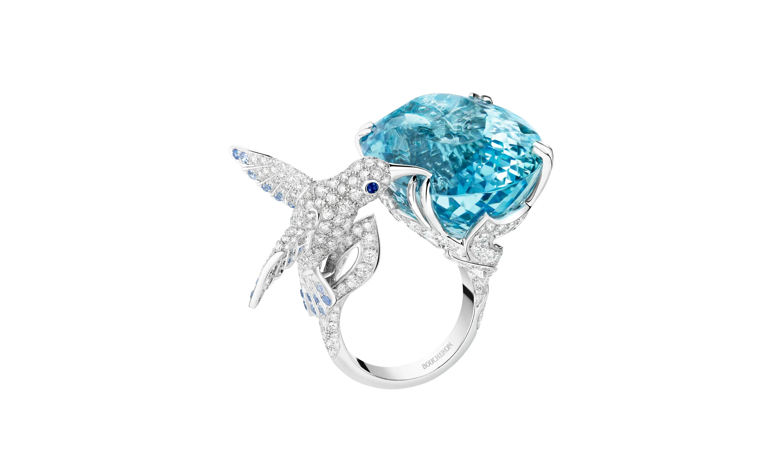 <p>The Boucheron Hopi ring with aquamarine and diamonds worn by Rihanna at the Cannes Film Festival 2025</p>
