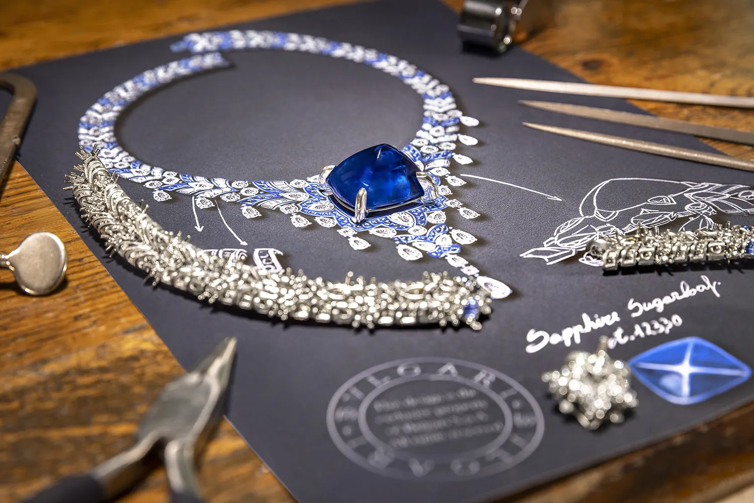 <p>The Bvlgari Cosmic Vault necklace features a royal blue sugarloaf Sri Lankan sapphire of 123.35-carats, alongside 13 diamond drops and 331 custom-cut blue sapphires </p>