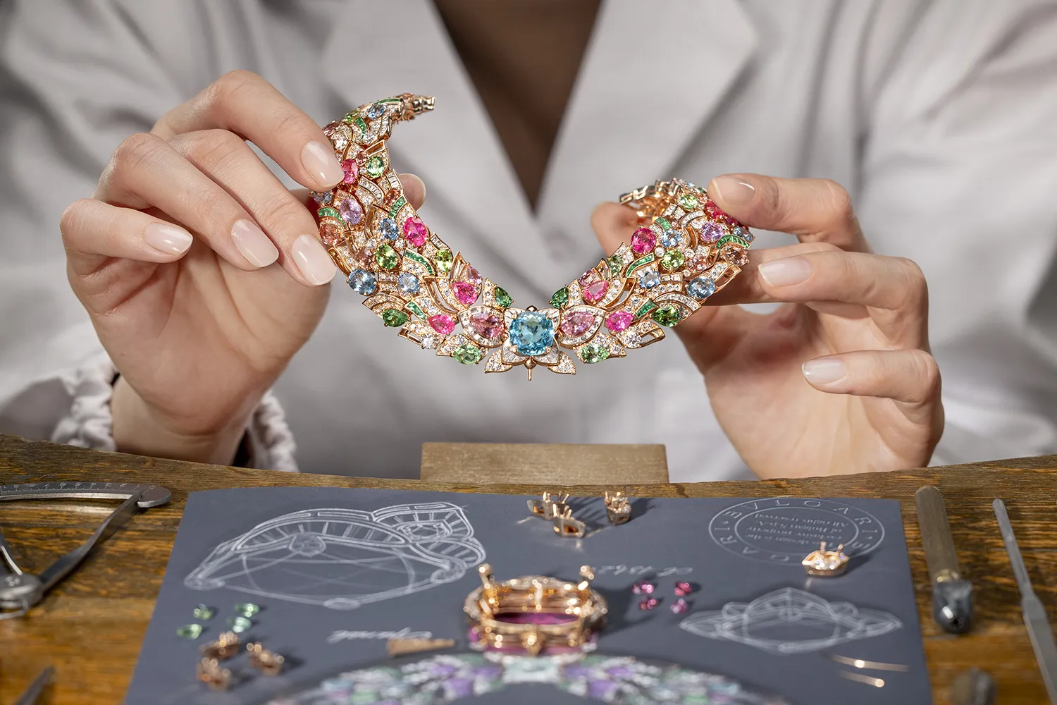 <p>Showcasing the multi-coloured mineral canvas of the Bvlgari Celestial Mosaic necklace without its statement 131.21-carat spinel drop</p>