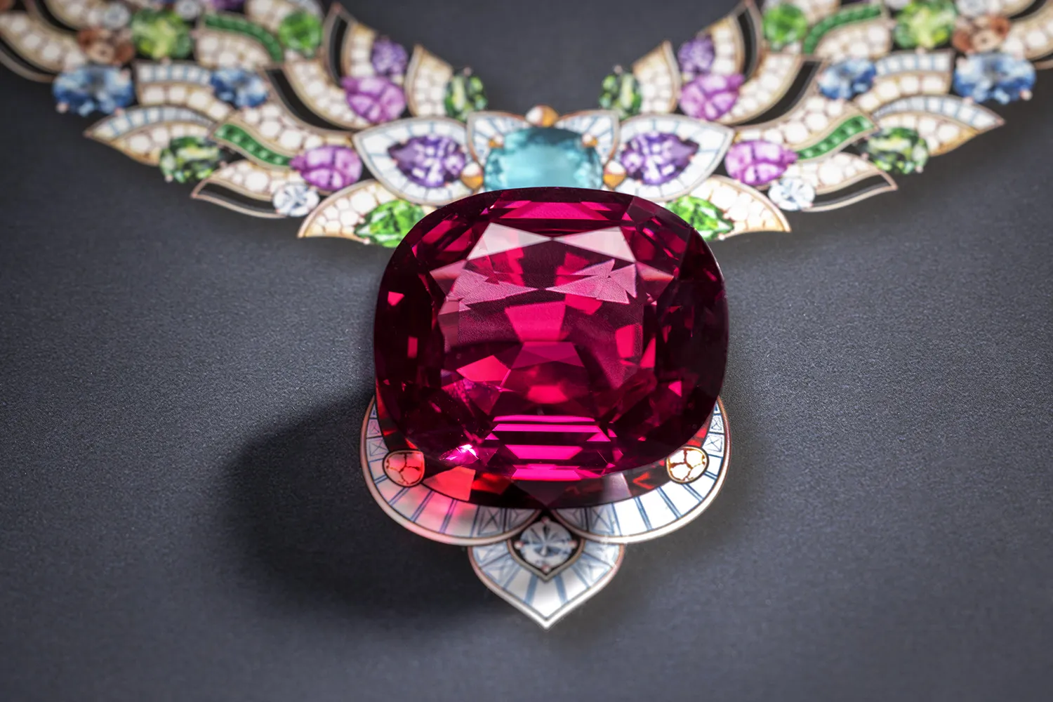 <p>A closer look at the world’s fourth largest spinel of this extraordinary quality – weighing 131.21-carats – that now features in the Bvlgari Celestial Mosaic necklace, part of the Polychroma High Jewellery collection</p>