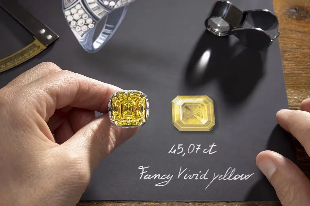 <p>Bvlgari Essence of Yellow ring with an Asscher-cut 45-carat vivid yellow diamond and step-cut diamonds, from the Polychroma High Jewellery 2025</p>