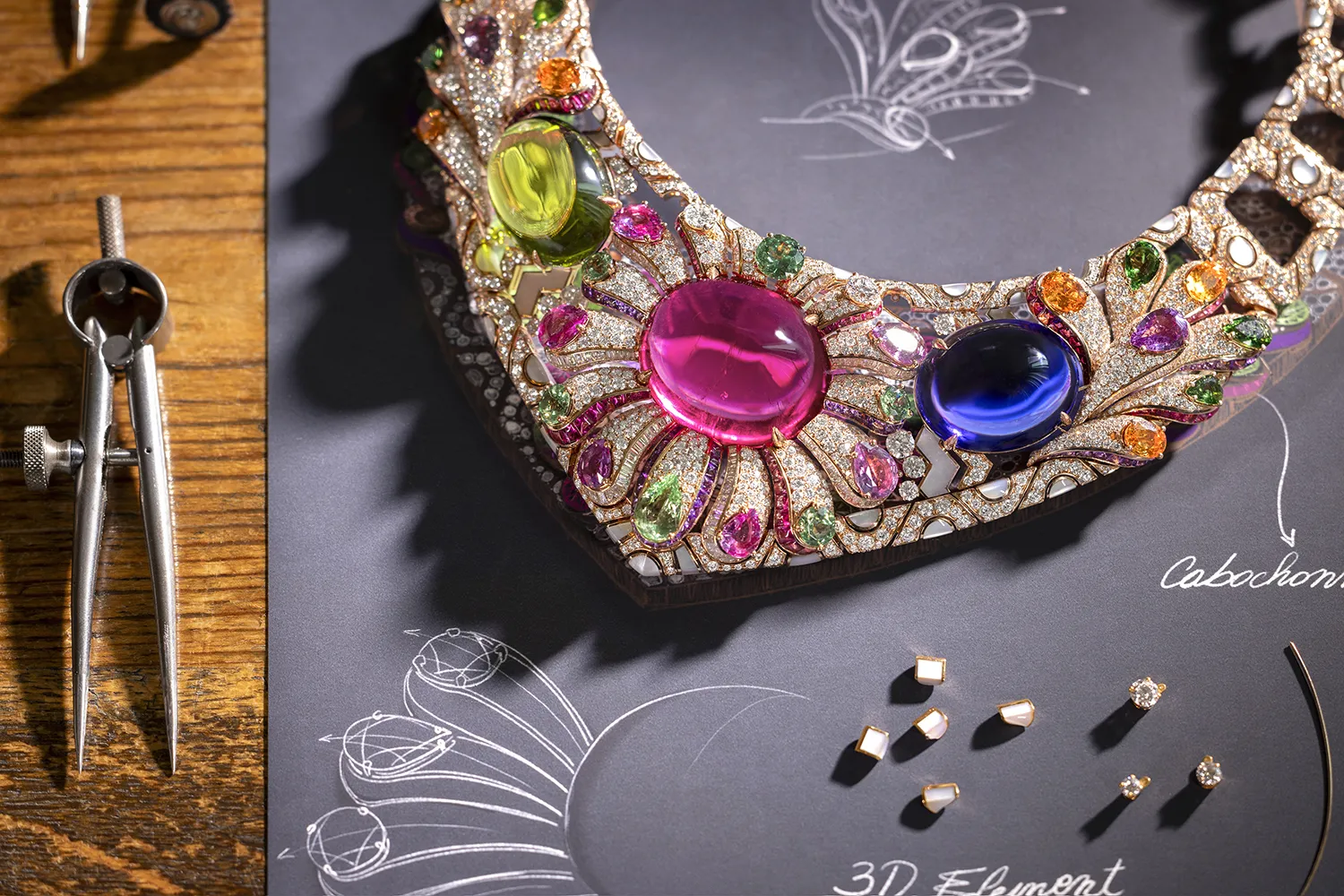 <p>A closer look at the Bvlgari Polychromatic Bloom necklace with a 106.36-carat rubellite, a 55.52 carat peridot and a 55.11 carat tanzanite set in pink gold, from the Polychroma High Jewellery collection</p>