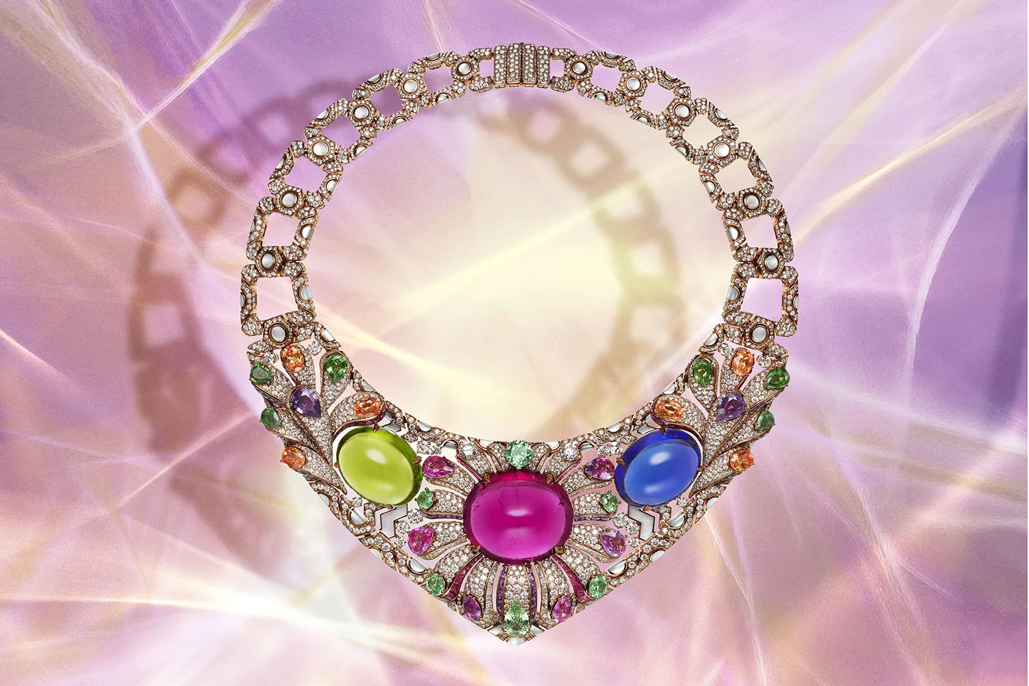 <p>Bvlgari Polychromatic Bloom necklace with a 106.36-carat rubellite, a 55.52 carat peridot and a 55.11 carat tanzanite set in pink gold, from the Polychroma High Jewellery collection</p>