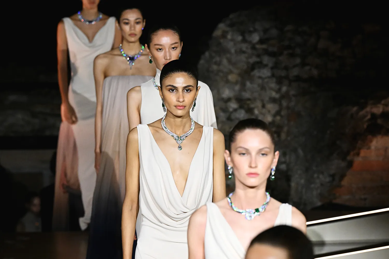 <p> Models showcase pieces from the Bvlgari Polychroma High Jewellery collection at the Greek Theatre in Taormina</p>