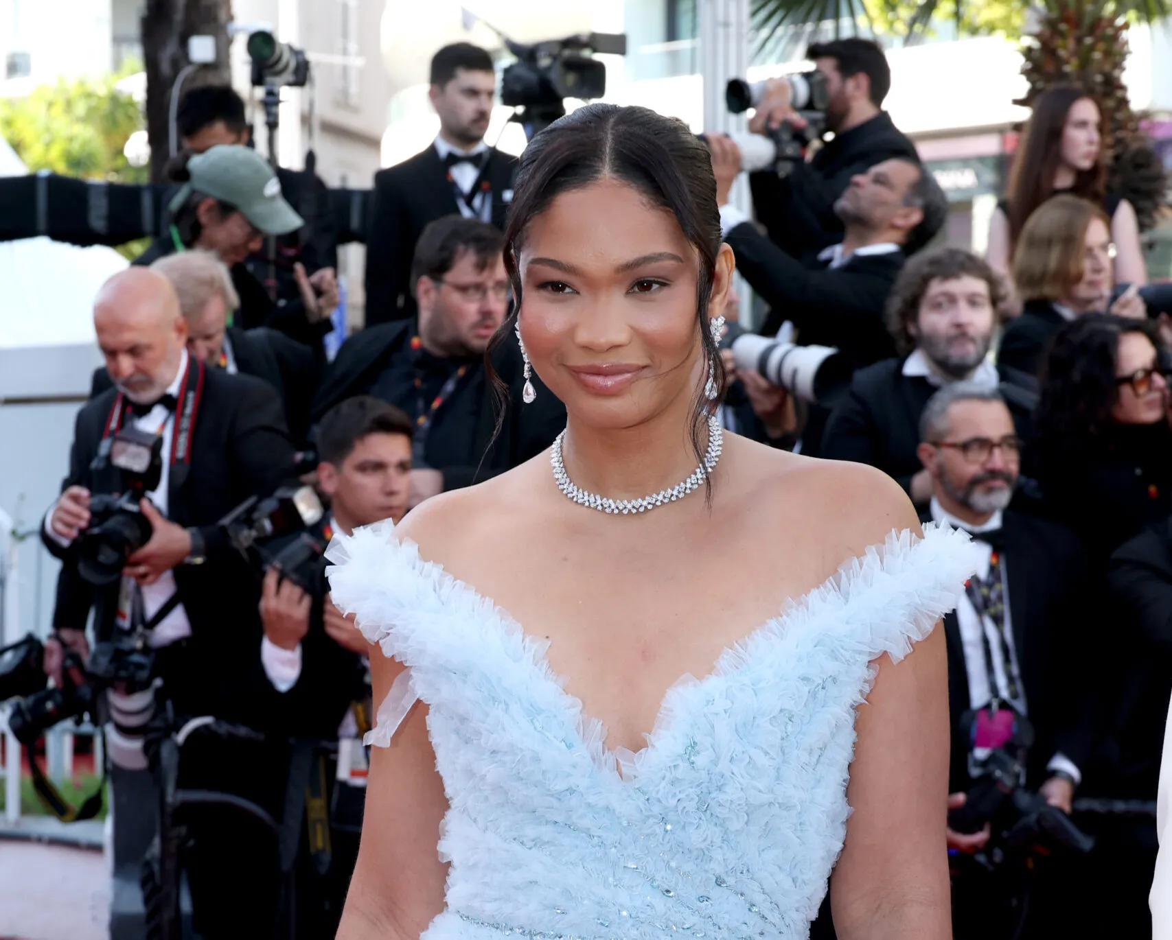 <p>American model Chanel Iman wears a diamond necklace and pear-shaped diamond earrings to the Cannes Film Festival 2025</p>
