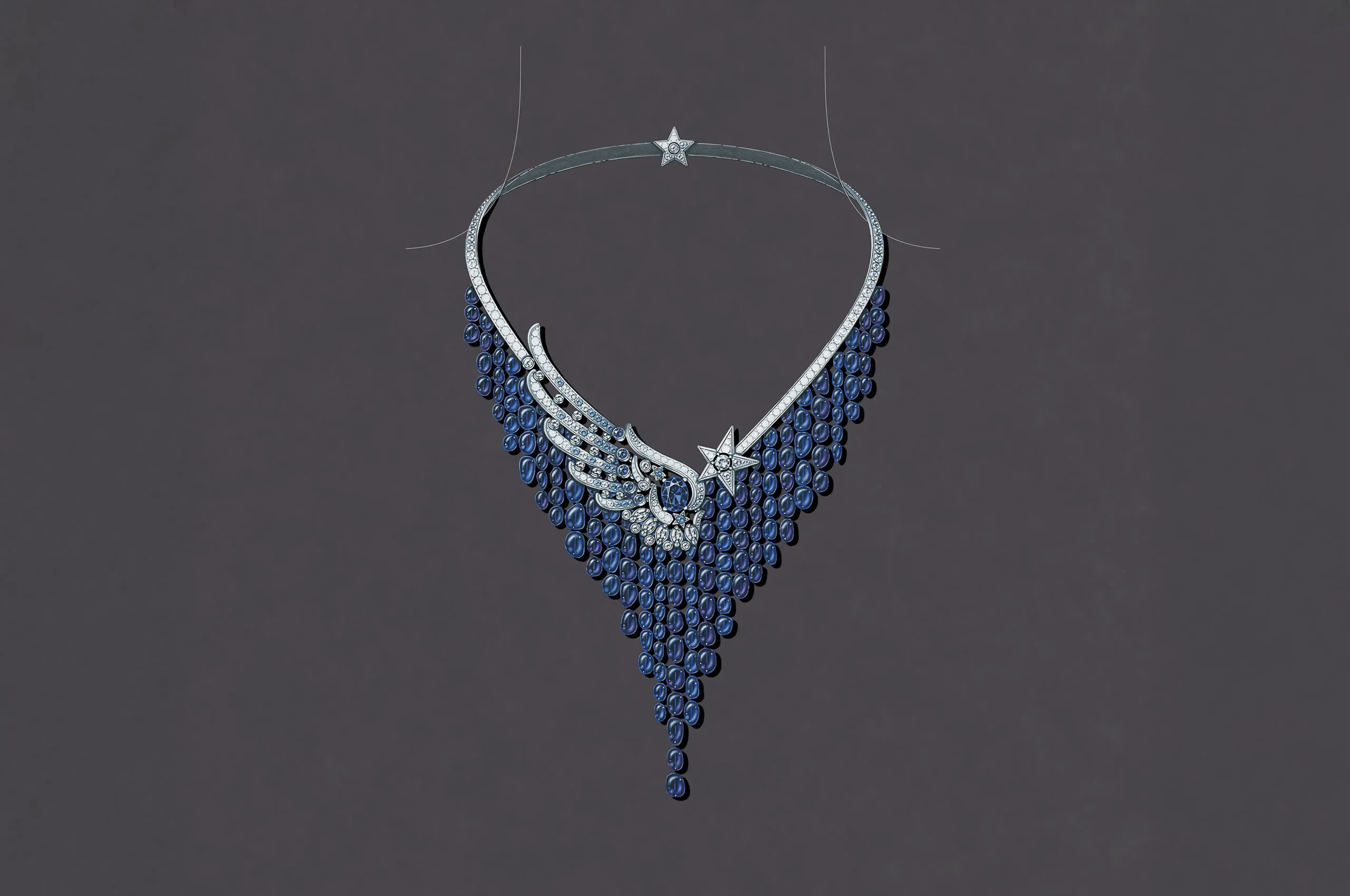 <p>Chanel After Midnight necklace with an oval-cut sapphire of 4.85 carats, further sapphires, diamonds and tanzanite beads in white gold from the Reach for the Stars High Jewellery collection </p>