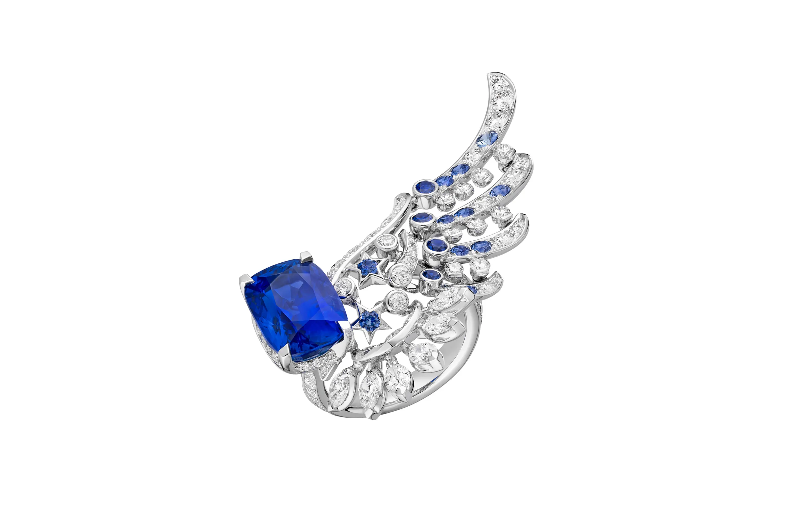 <p>Chanel After Midnight ring with a cushion-cut sapphire of 8.23 carats, further sapphires and diamonds in white gold from the Reach for the Stars High Jewellery collection </p>