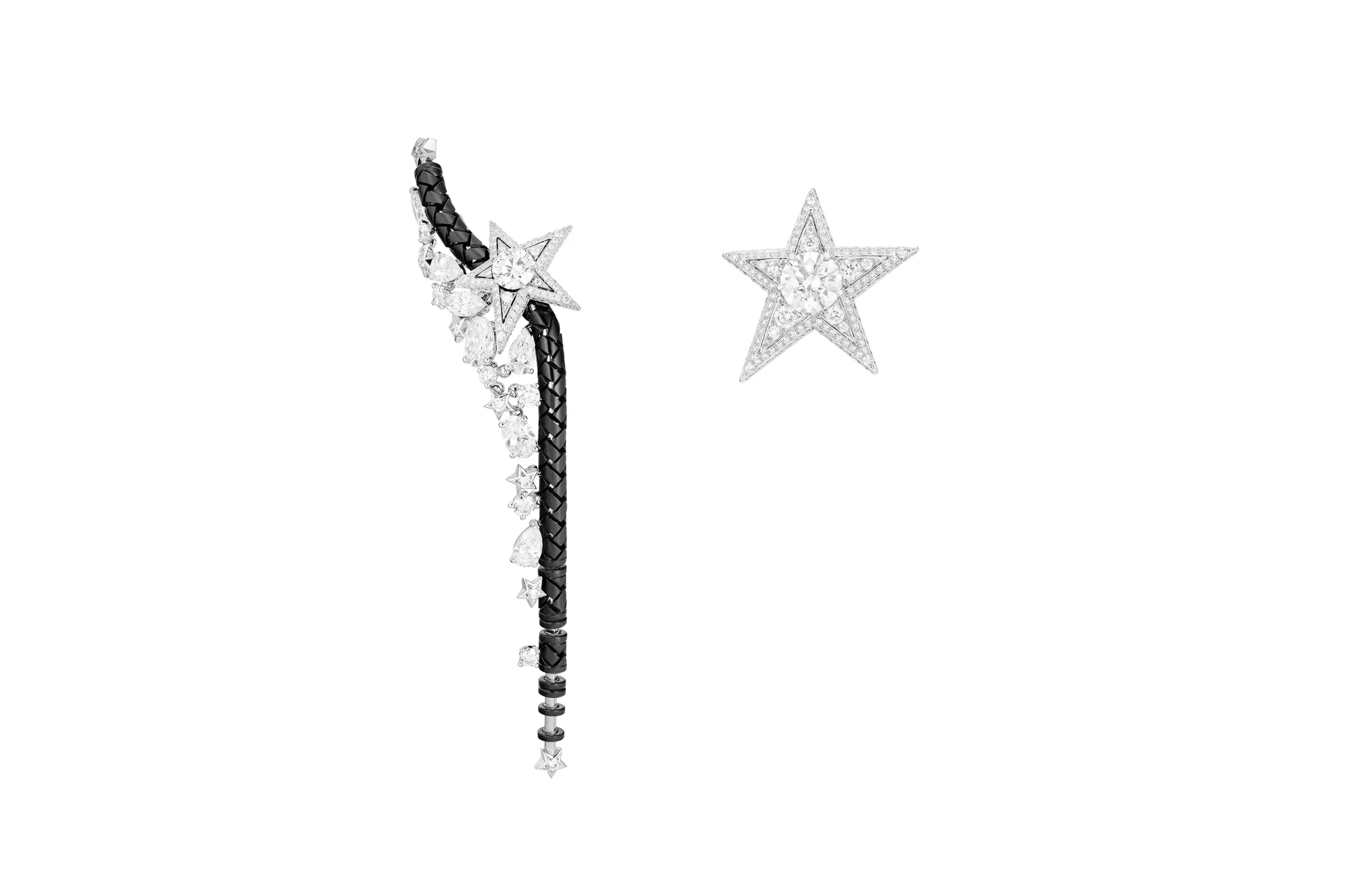 <p>Chanel Dreams Come True earrings with a brilliant-cut diamond of 2.01 carats and 1.01 carats set alongside further diamonds in white gold and black-coated gold from the Reach for the Stars High Jewellery collection</p>
