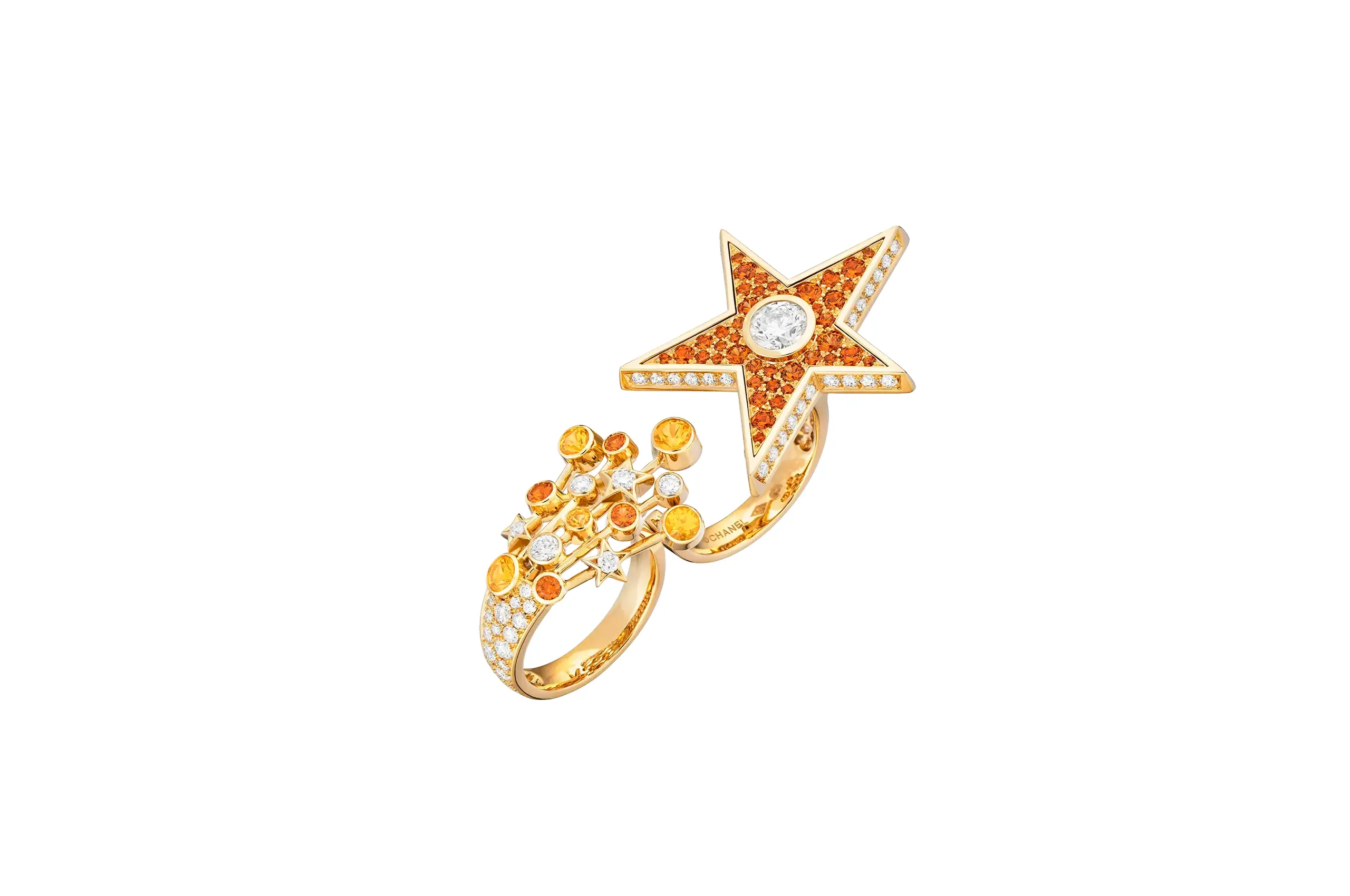<p>Chanel Five Stars ring with brilliant-cut diamonds and garnets in yellow gold from the Reach for the Stars High Jewellery collection</p>
