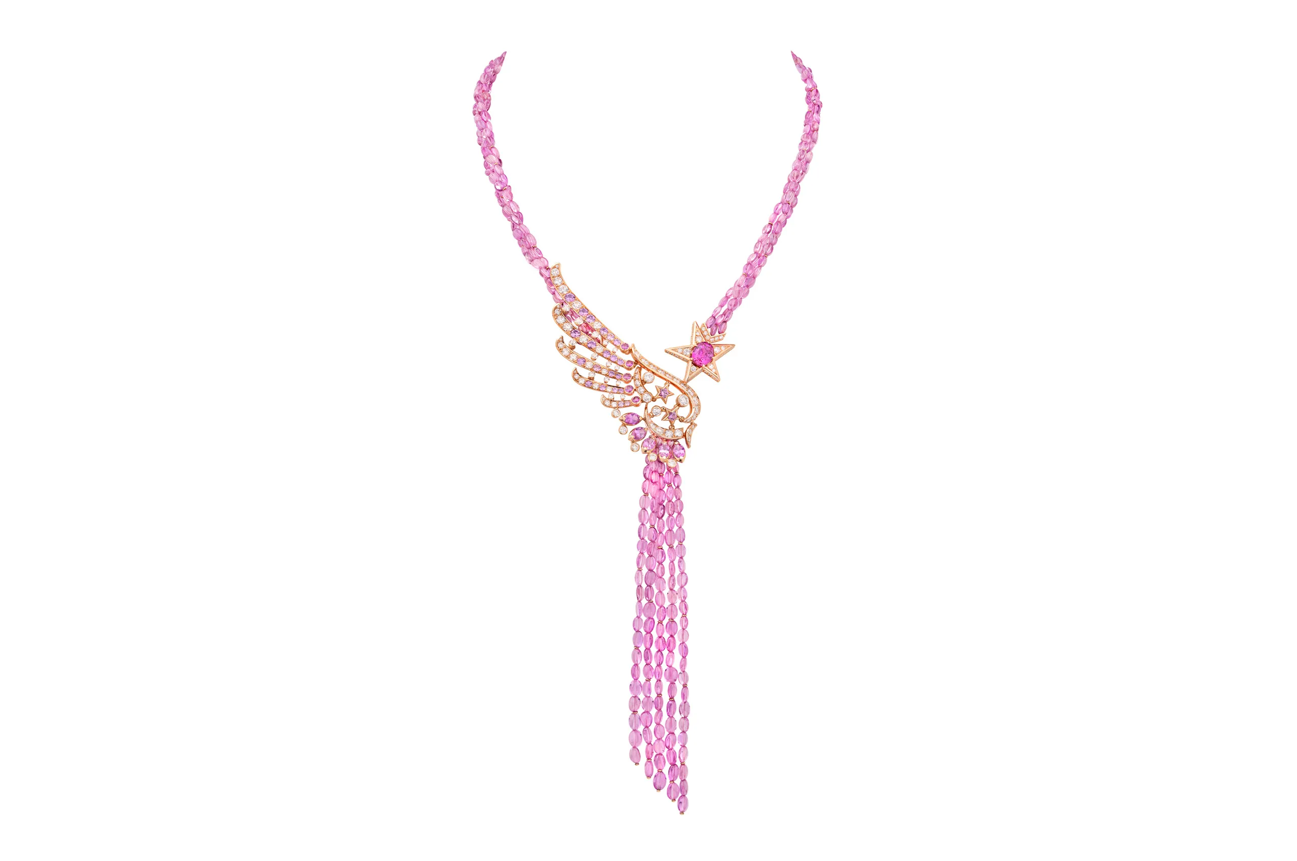 <p>Chanel Pink Hour necklace with an oval-cut pink sapphire of 2.29 carats, further pink sapphires, natural polished diamonds and pink sapphire beads in pink gold from the Reach for the Stars High Jewellery collection </p>
