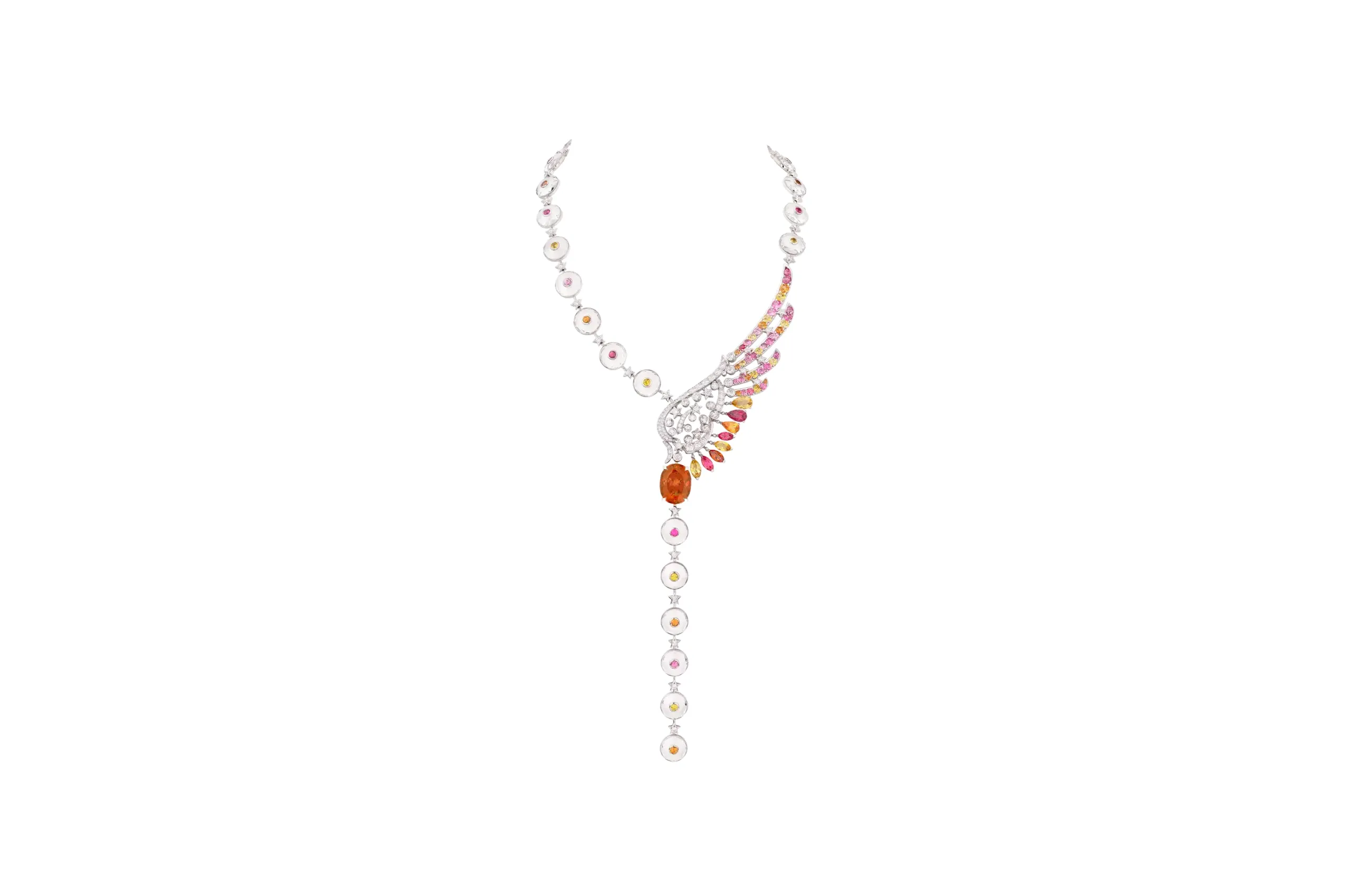 <p>Chanel Sunny Days necklace with an oval-cut imperial topaz of 20.64 carats alongside natural polished diamonds, garnets, sapphires, spinel and rock crystal in white gold from the Reach for the Stars High Jewellery collection </p>