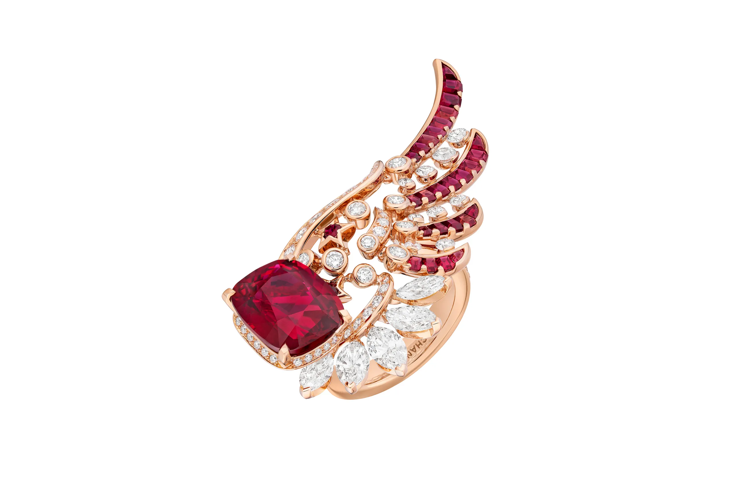 <p>Chanel Wild at Heart ring with an 8.44 carat cushion-cut ruby, further rubies and natural polished diamonds in pink gold from the Reach for the Stars High Jewellery collection</p>
