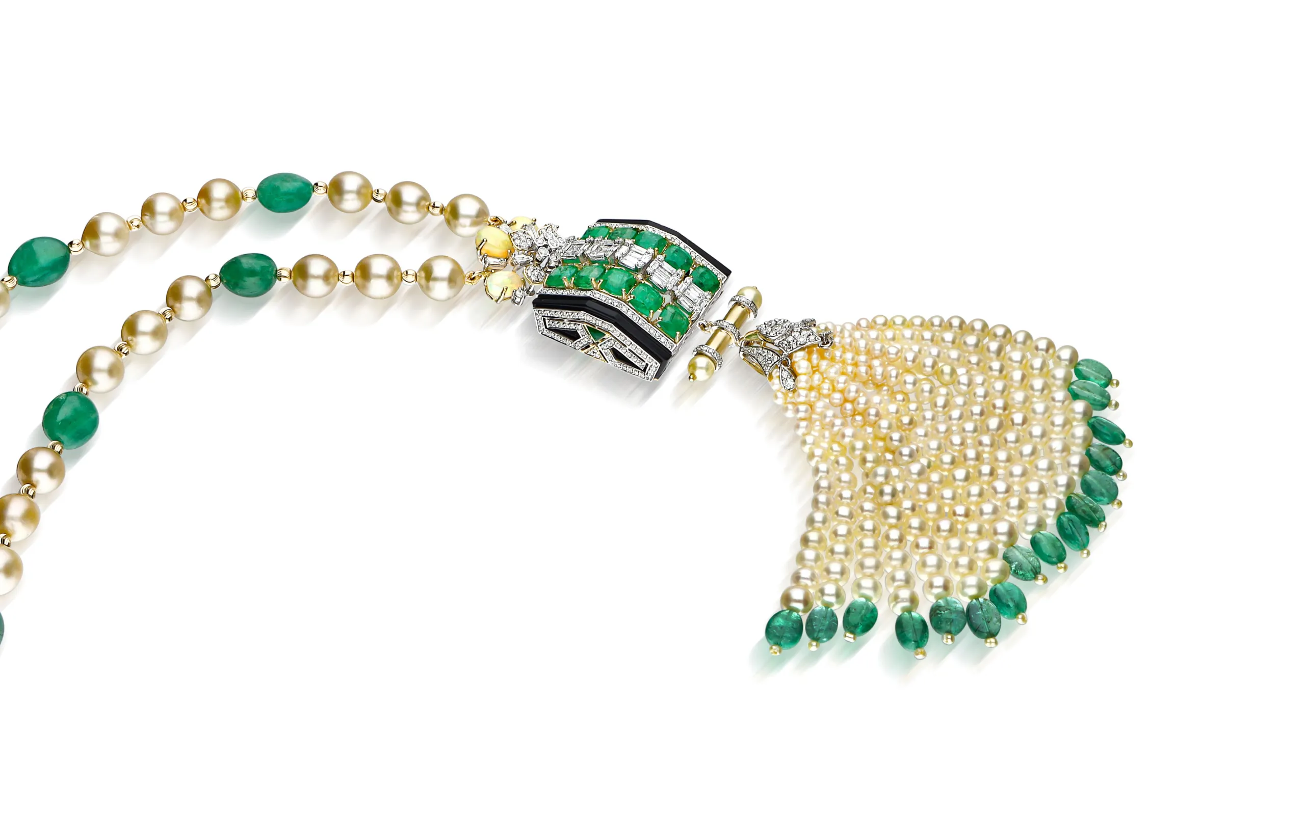 <p>Chhaya Jain Art Deco-inspired necklace with 4.72 carats of diamonds, 4.63 carats of opal and 10.34 carats of emeralds, complete with a 177.25 carat pearl tassel </p>