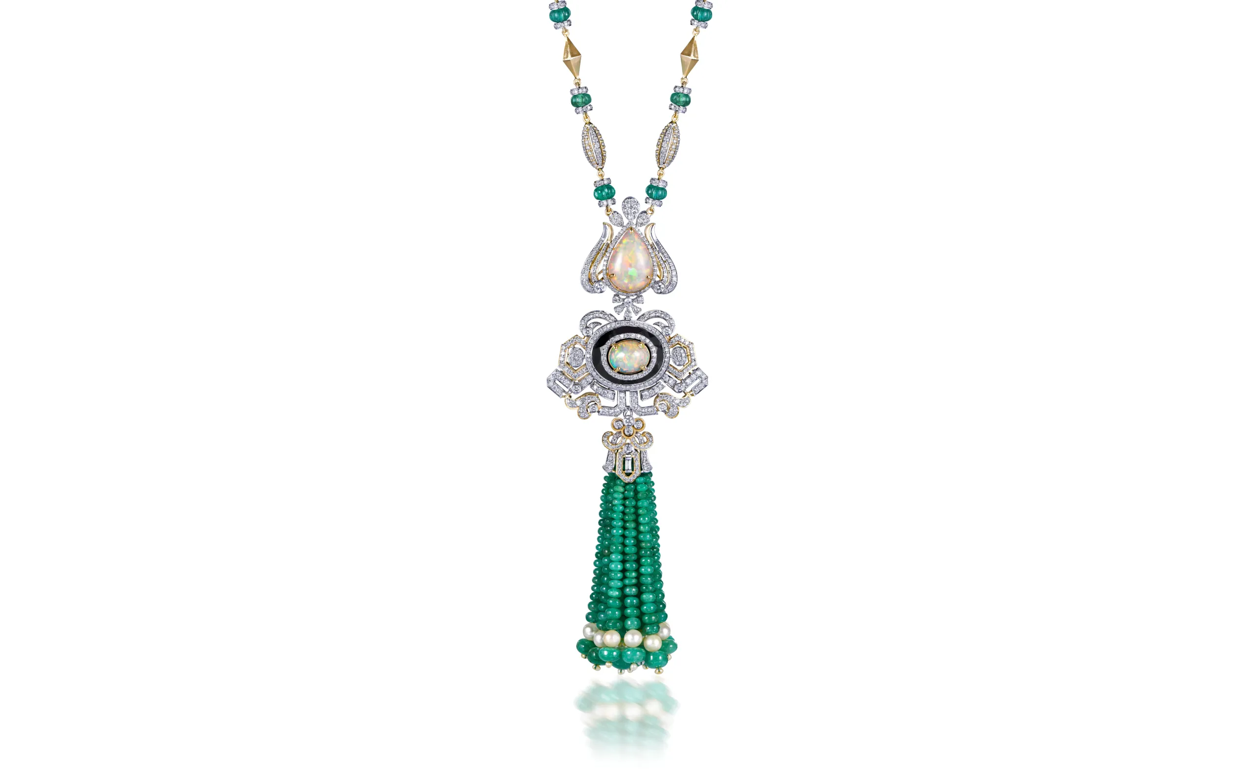 <p>Chhaya Jain Art Deco inspired lariat with emeralds, opals, black onyx, and a dramatic 110.85 carat emerald tassel</p>