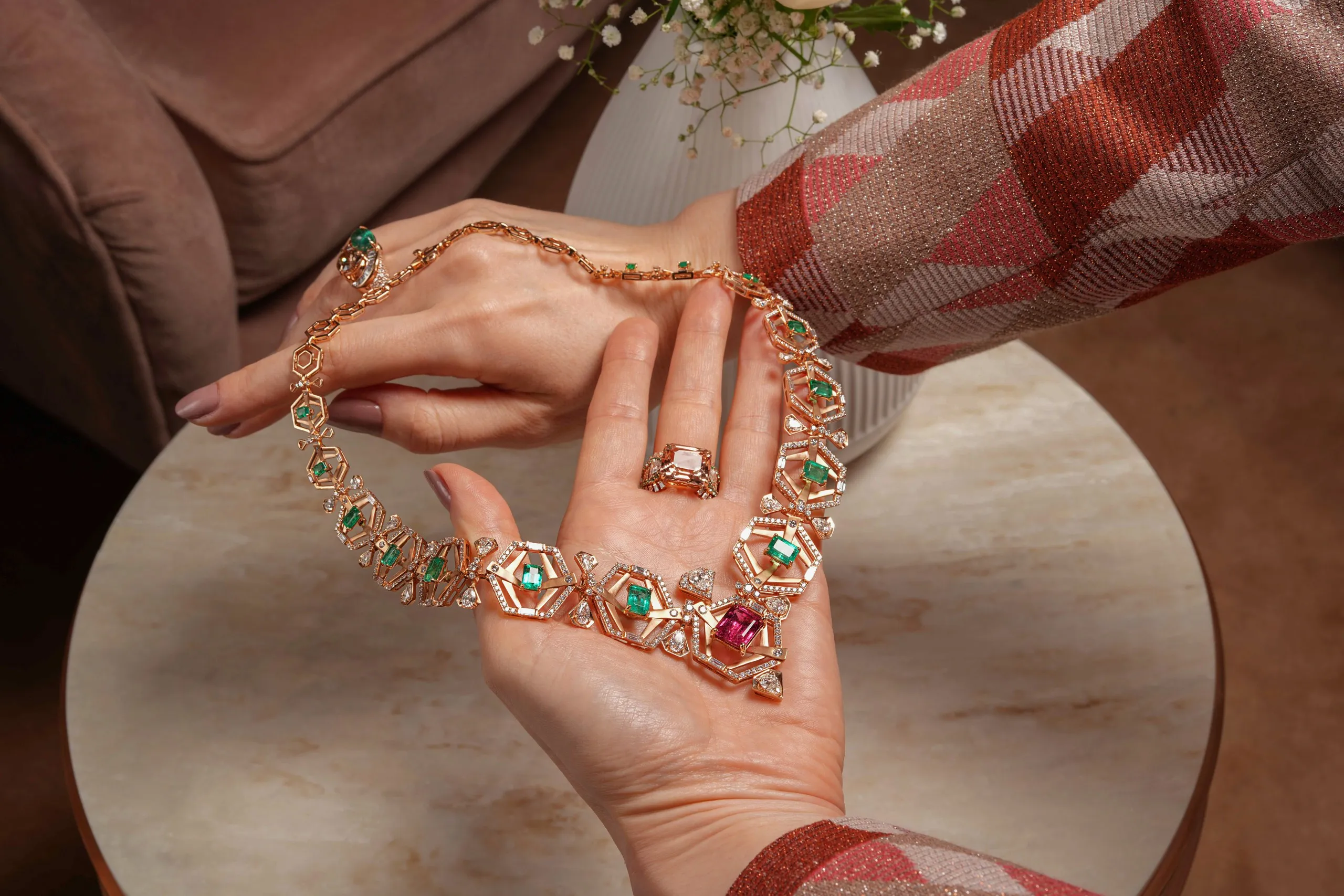 <p>The ‘A Flush of Evergreen’ necklace from Zoya’s Beyond collection with morganites, emeralds and diamonds set in gold</p>