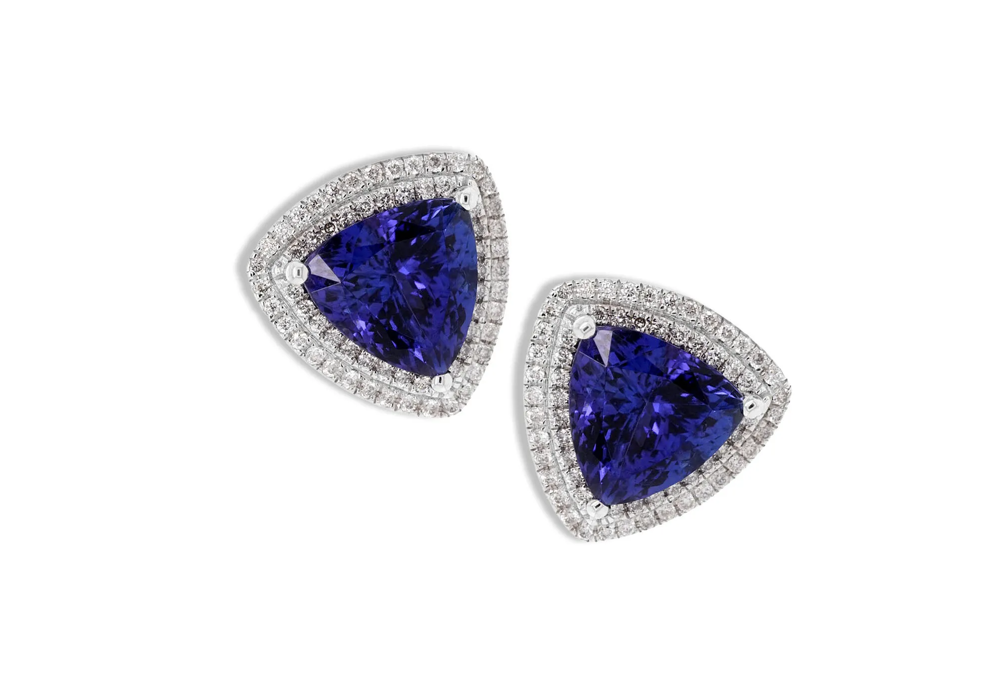 <p>Royal Touch Group earrings with 8.98 carats of trillion-cut tanzanites surrounded by diamonds in 18k white gold</p>
