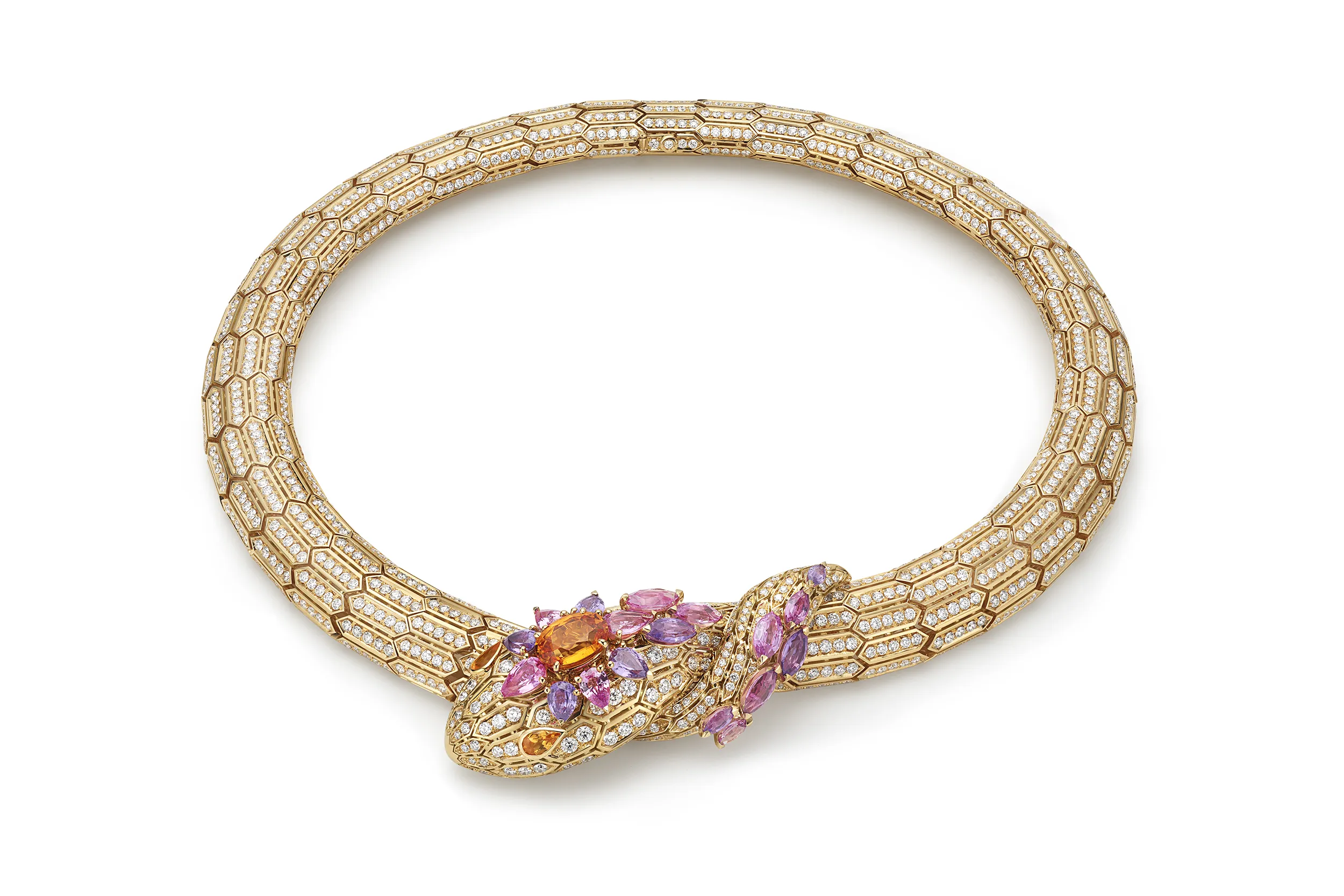 <p>The Bvlgari Serpenti High Jewellery necklace worn by Lisa Manobal at the 2025 Emmy Awards, set with a 3.27 carat oval-shaped garnet, 18 pear and marquise-shaped fancy sapphires totalling 8.35 carats, two pear-shaped orange garnets and pavé-set diamonds in 18k yellow gold</p>
