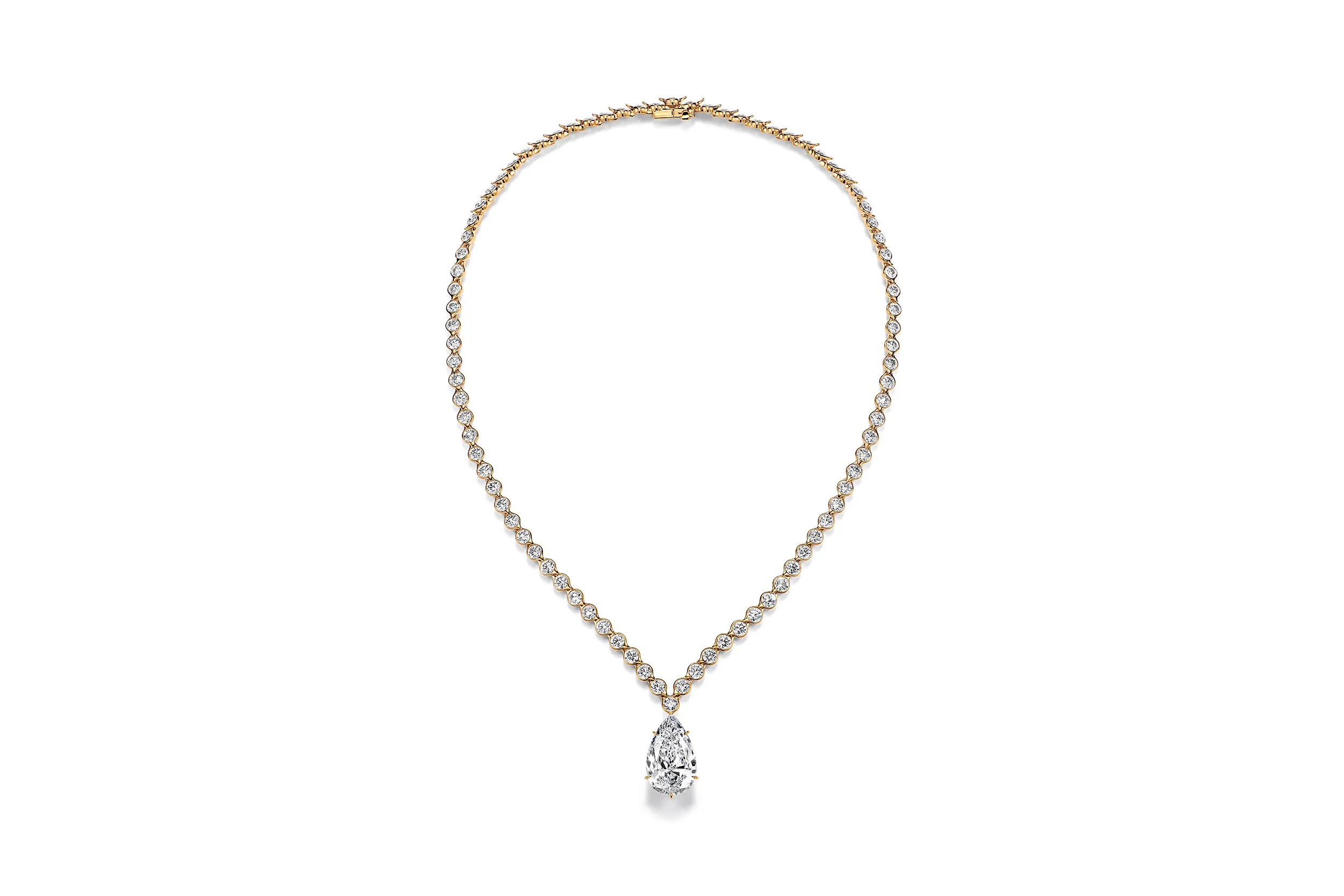 <p>The Tiffany &amp; Co. pendant worn by actress Meghann Fahy at the 2025 Emmy Awards with a pear-shaped diamond drop of more than 11 carats and further round brilliant-cut diamonds in 18k yellow gold and platinum</p>
