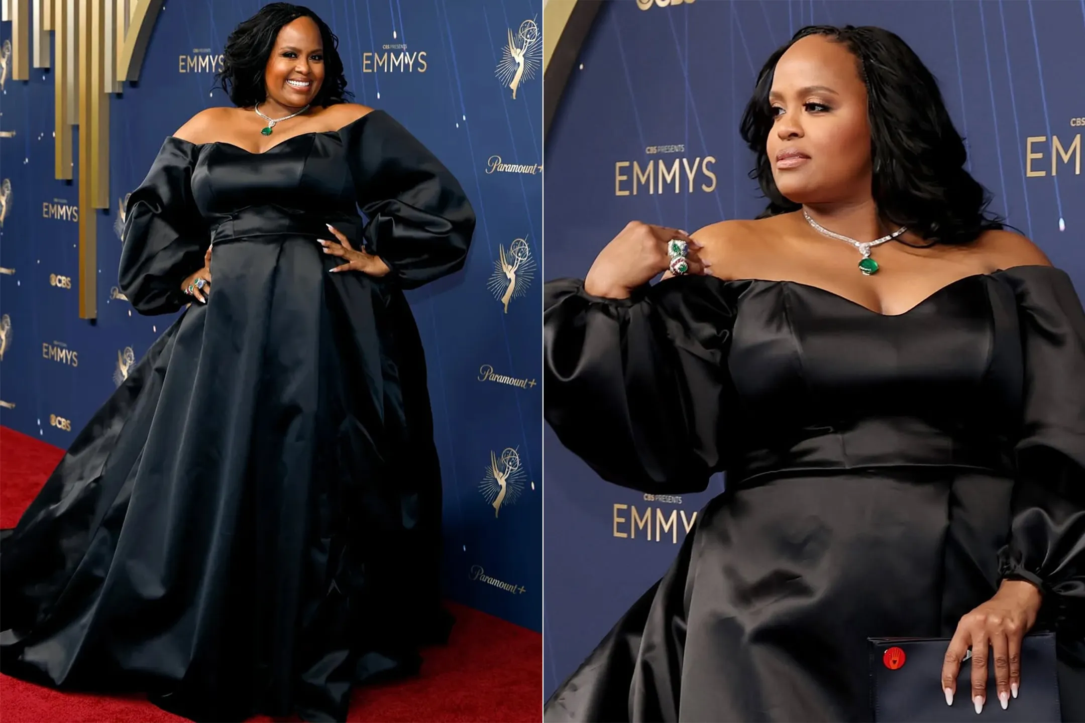 <p>Actress Natasha Rothwell at the 2025 Emmy Awards wearing jewellery by David Webb, including a cabochon emerald pendant necklace with fancy-cut diamonds, a pair of emerald and diamond earrings, and two coloured gemstone cocktail rings</p>
