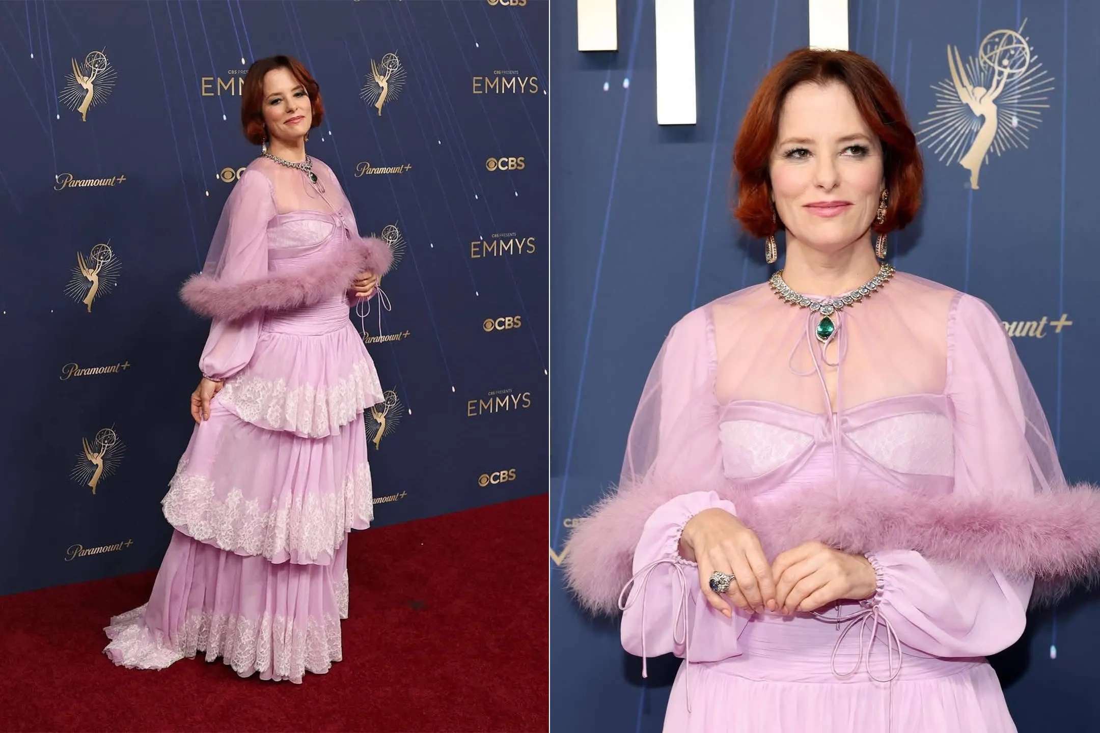 <p>Actress Parker Posey at the 2025 Emmy Awards wearing a necklace, earrings and a ring with emeralds, aquamarines, morganites, pearl and coral by Sabyasachi</p>
