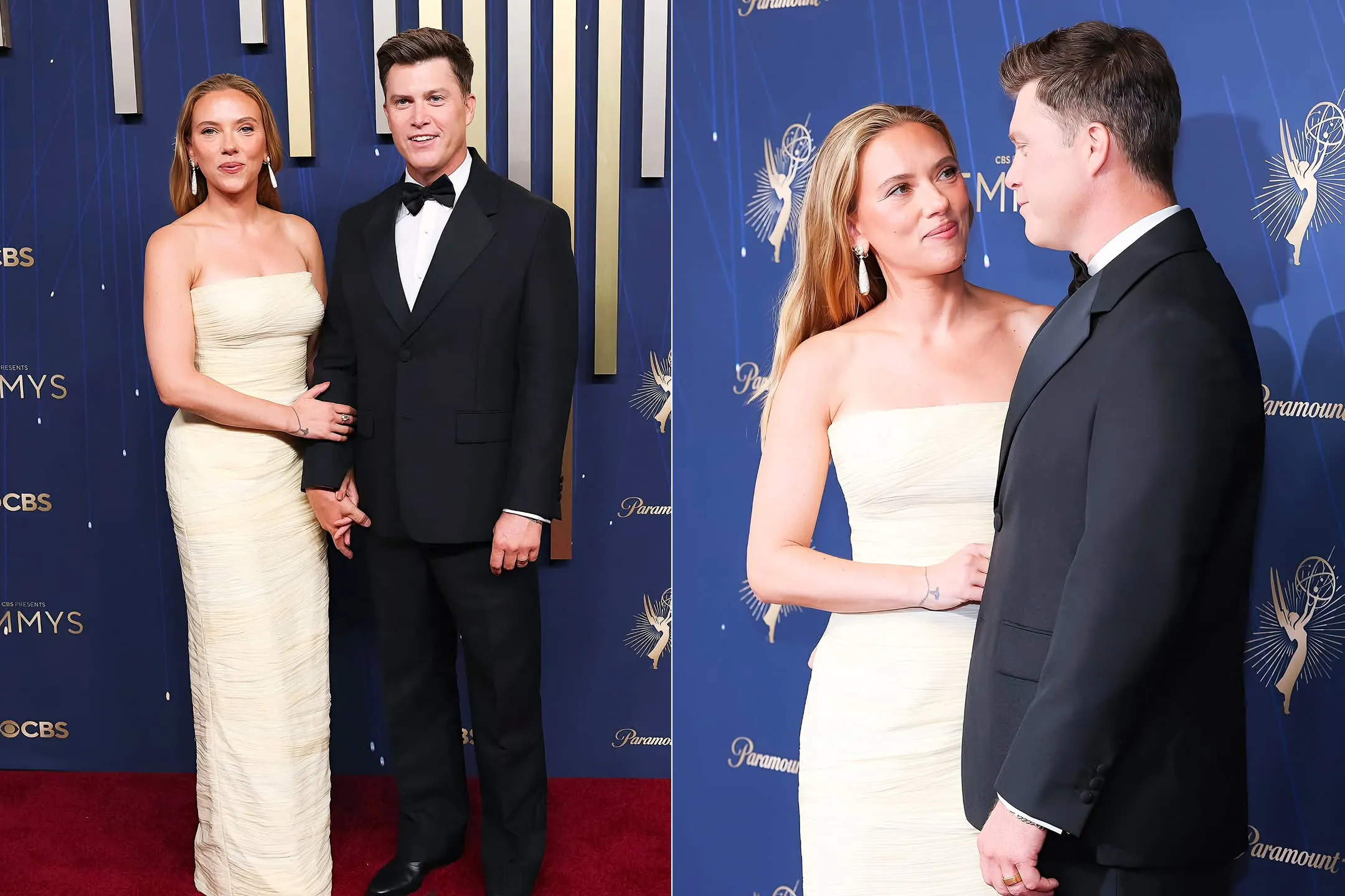 <p>Scarlett Johansson, pictured alongside her husband Colin Jost at the Emmy Awards 2025, wearing a pair of De Beers Talisman diamond cocktail earrings with 21.18 carats of diamonds in 18k yellow gold alongside a De Beers Old Bond Street ring with an 11.30 carat solitaire in 18k yellow gold</p>
