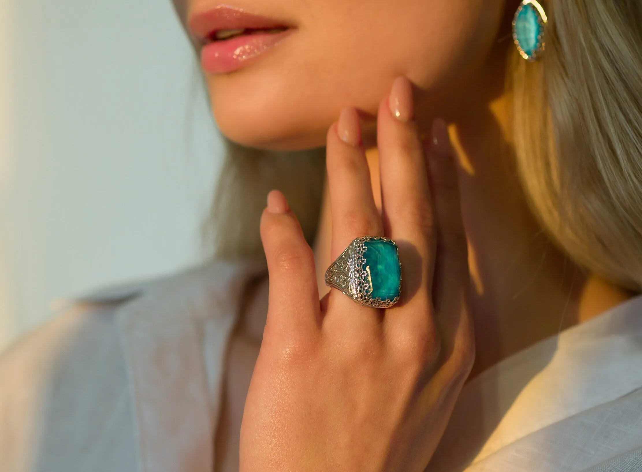 <p>A model wears pieces from the Aegean Colours collection by Gerochristo Jewelry</p>
