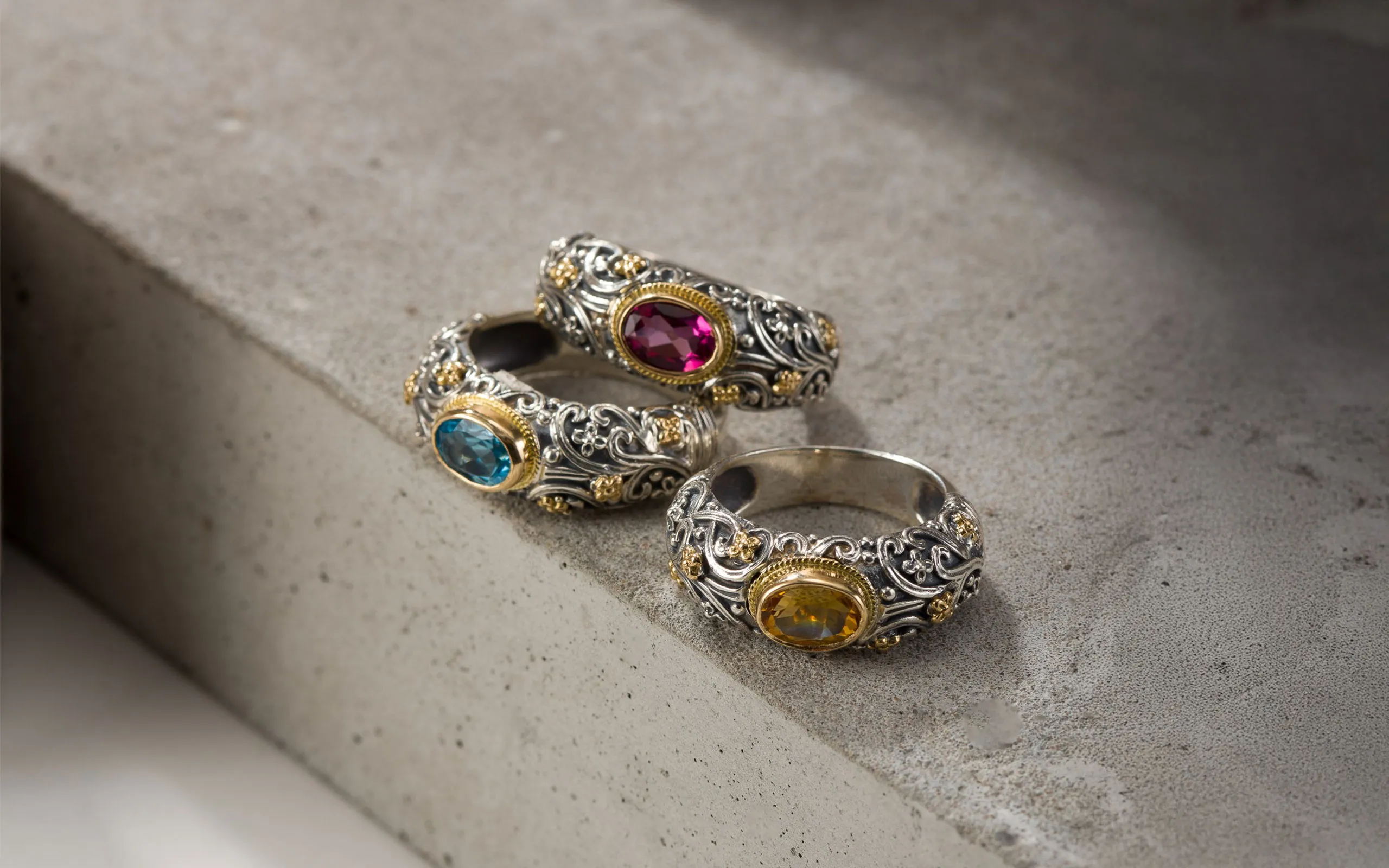 <p>The best-selling Eve Eden’s Garden ring by Gerochristo Jewelry with oval-shaped coloured gemstones in sterling silver accented with 18k gold </p>
