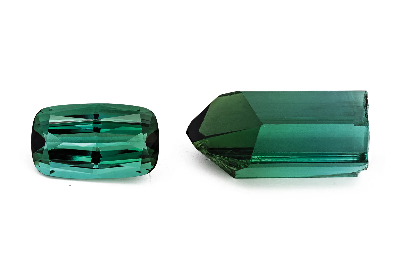 <p>A rough and cut and polished green tourmaline from HC Arnoldi</p>
