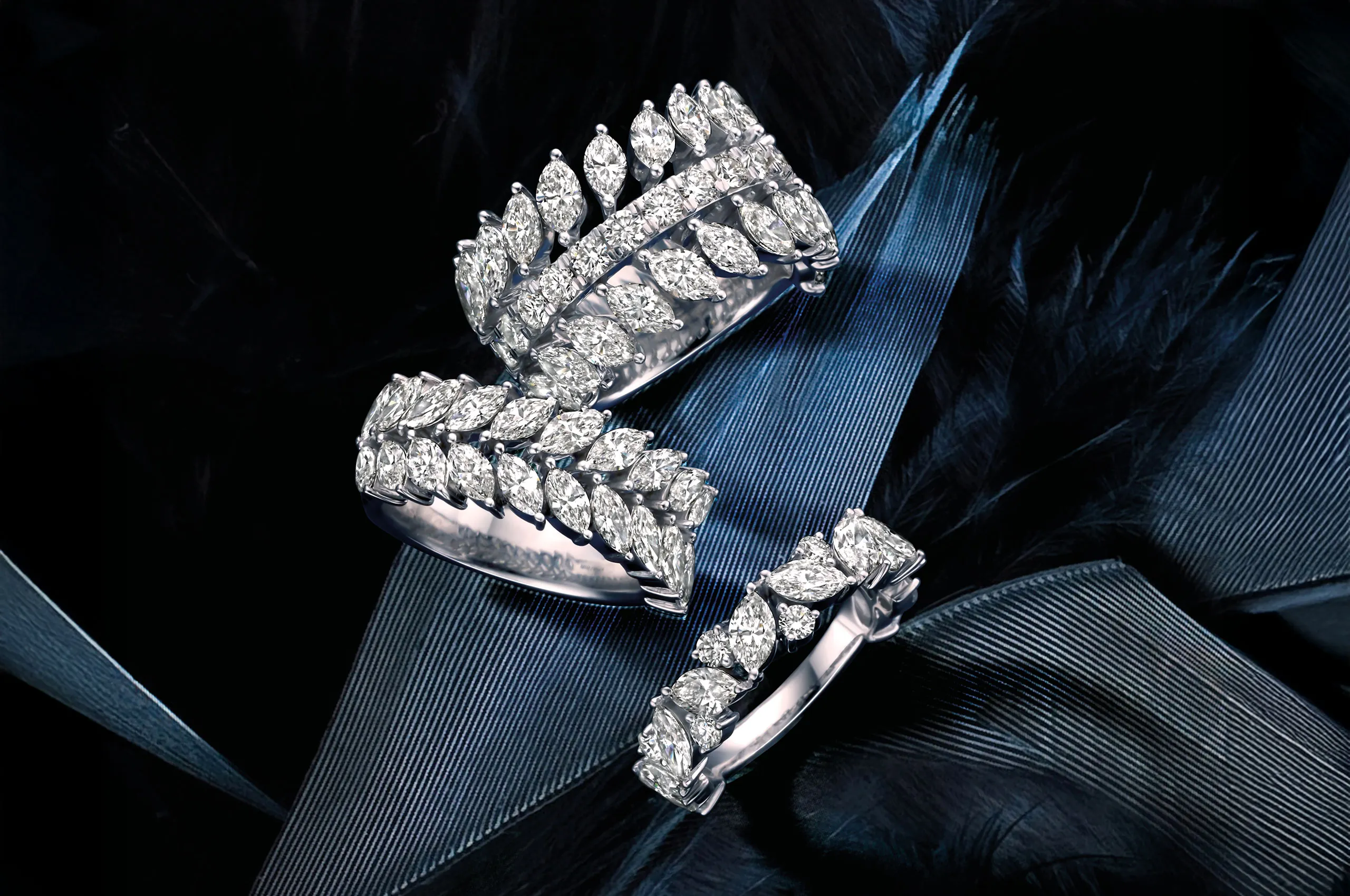 <p>A trio of marquise-cut diamond rings from the Histoire d’Elle Les Infinis d’Elle collection</p>
