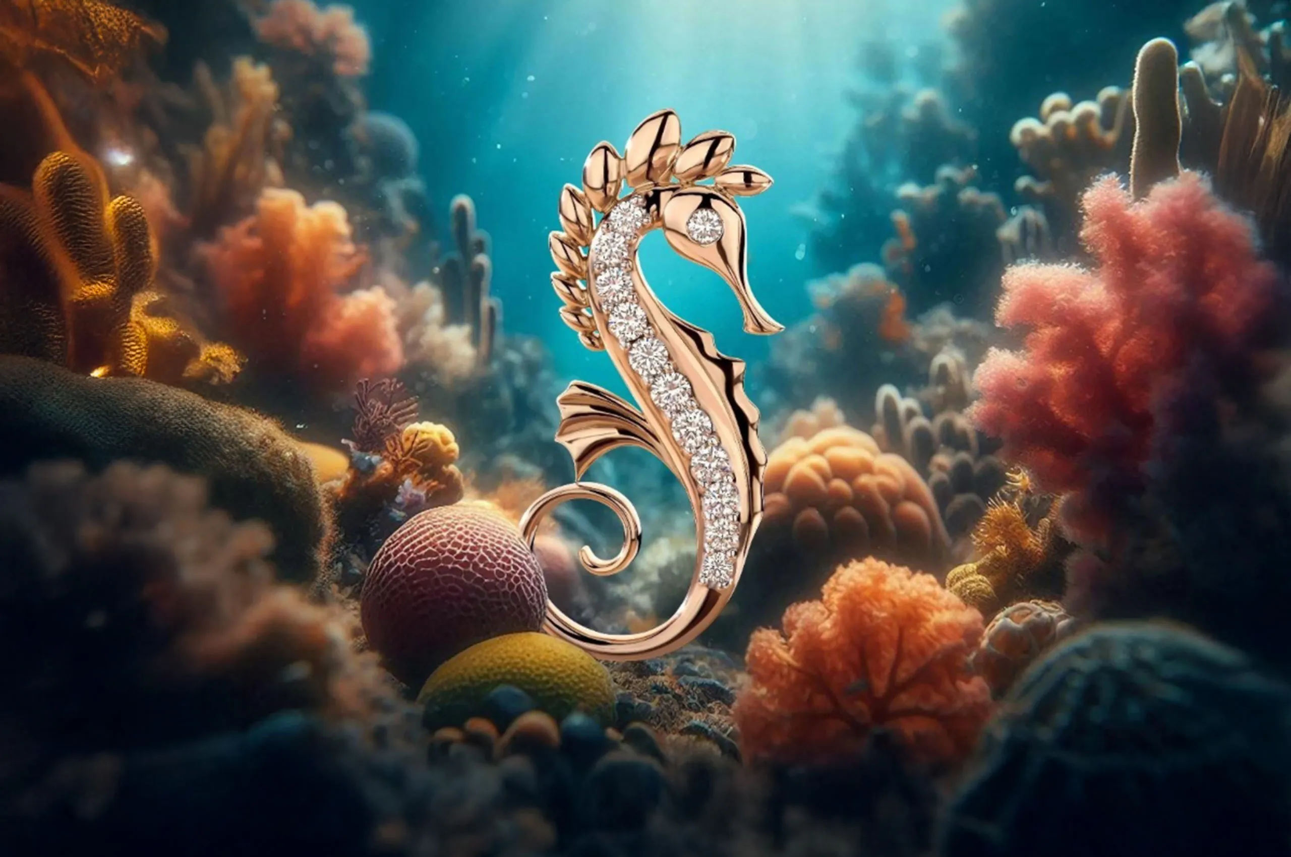 <p>Histoire d’Elle Seahorse pendant with diamonds in 18k rose gold from the Les Oceans d&#8217;Elle collection</p>
